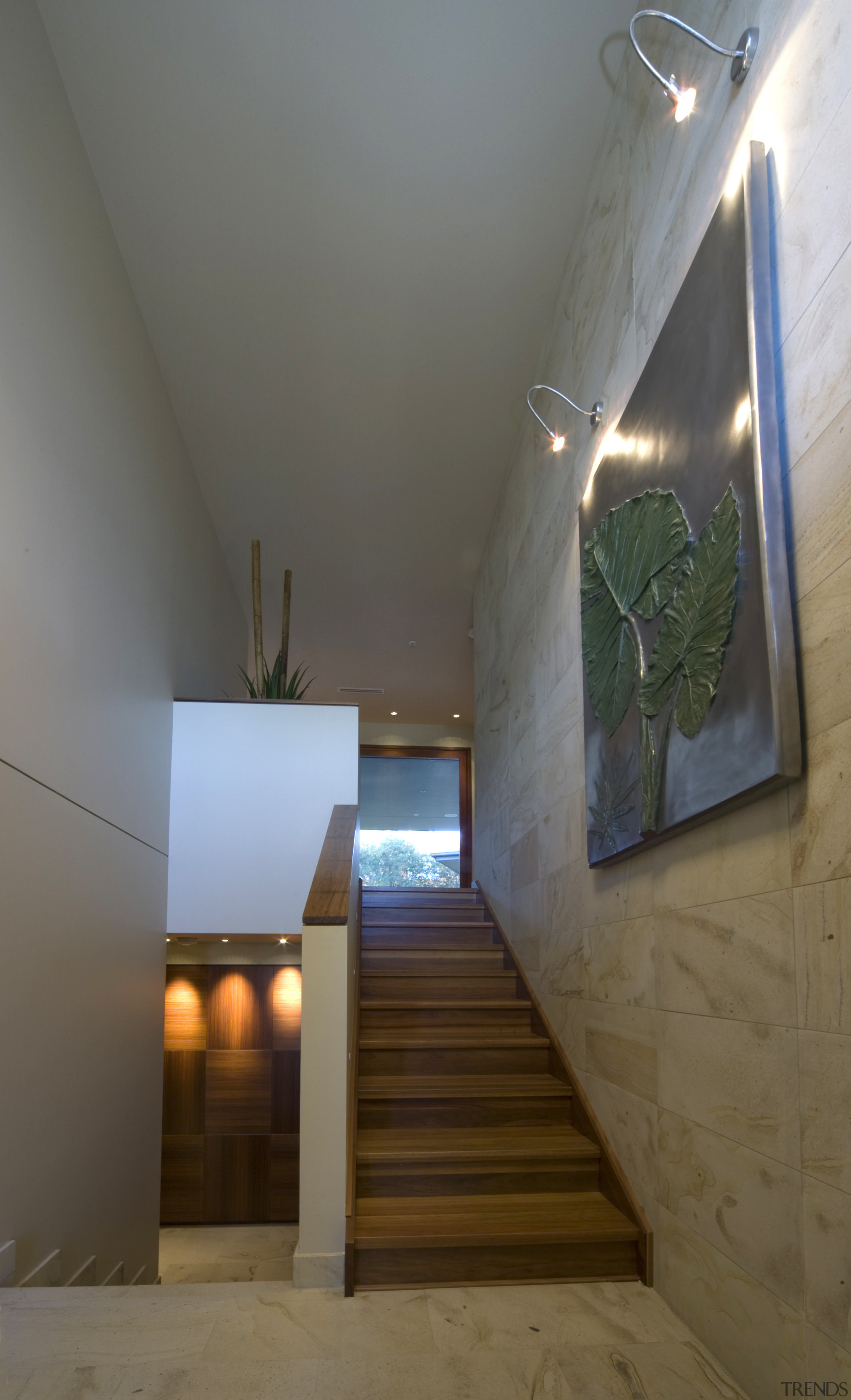 View of a stairway which features Golden Palimo apartment, architecture, ceiling, daylighting, home, house, interior design, lighting, stairs, gray, brown