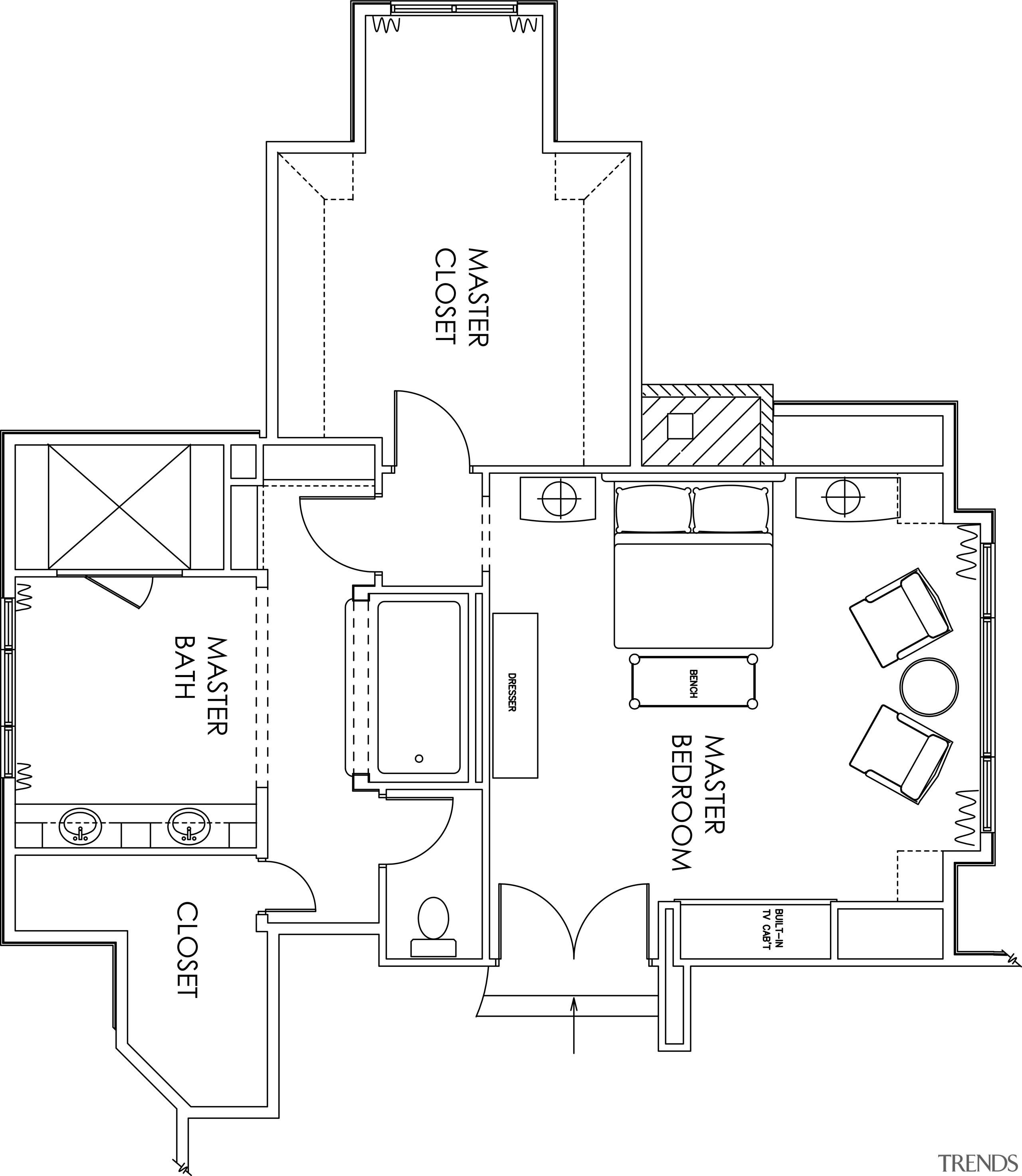 View of floor plans for the master suite. angle, area, black and white, design, diagram, drawing, floor plan, font, line, line art, product, product design, structure, technical drawing, white