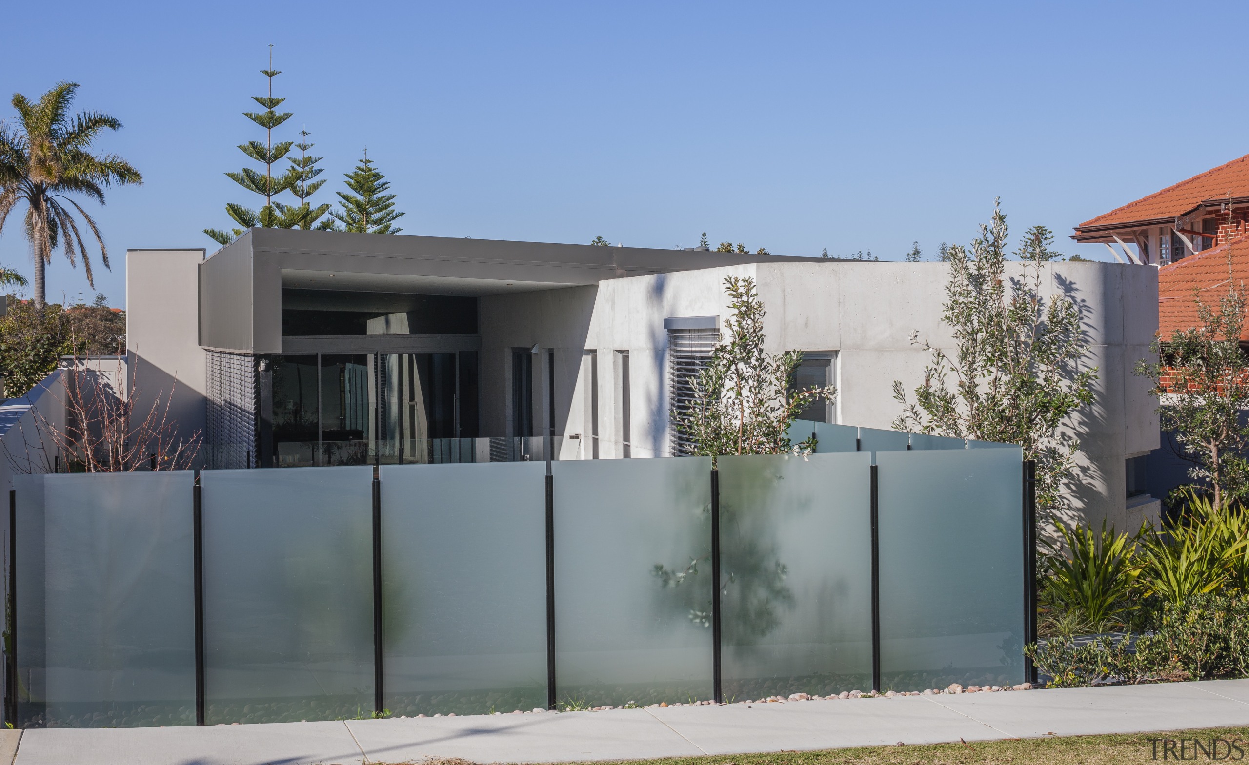 View of house from roadside. - View of architecture, elevation, facade, fence, home, house, neighbourhood, property, real estate, residential area, villa, window, gray, teal