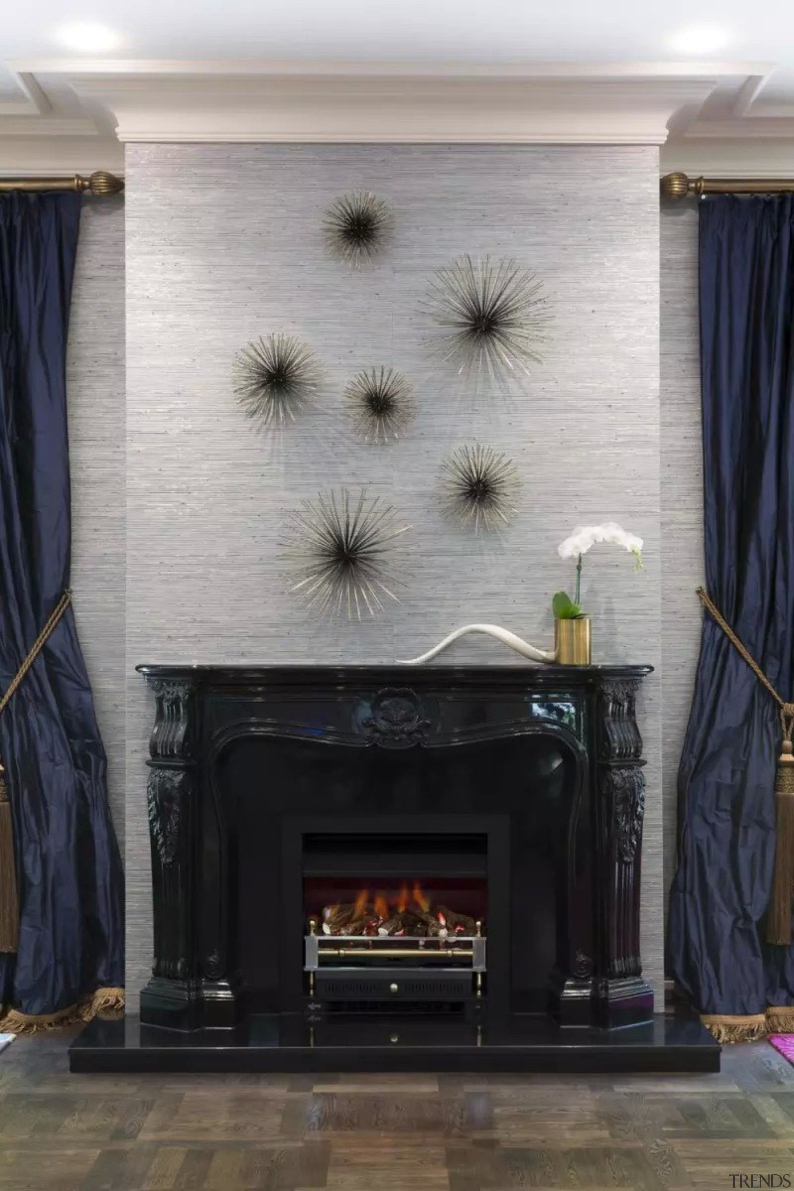 French classic-style residence by Massimo Interiors fireplace, floor, flooring, hearth, home, interior design, living room, room, wall, wood burning stove, gray, black