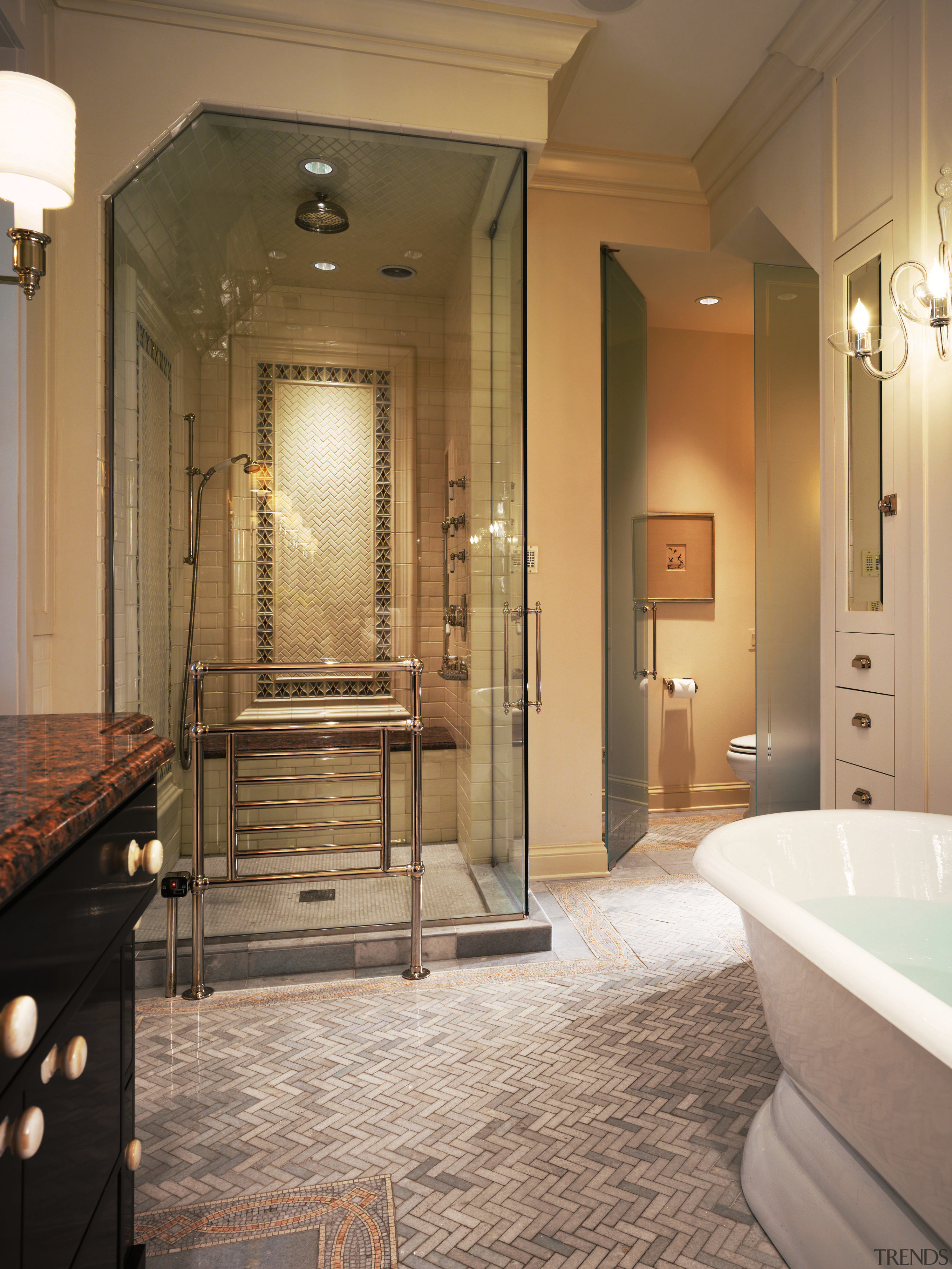 A view of this bathroom designed by Marshall bathroom, ceiling, estate, floor, flooring, home, interior design, room, tile, brown