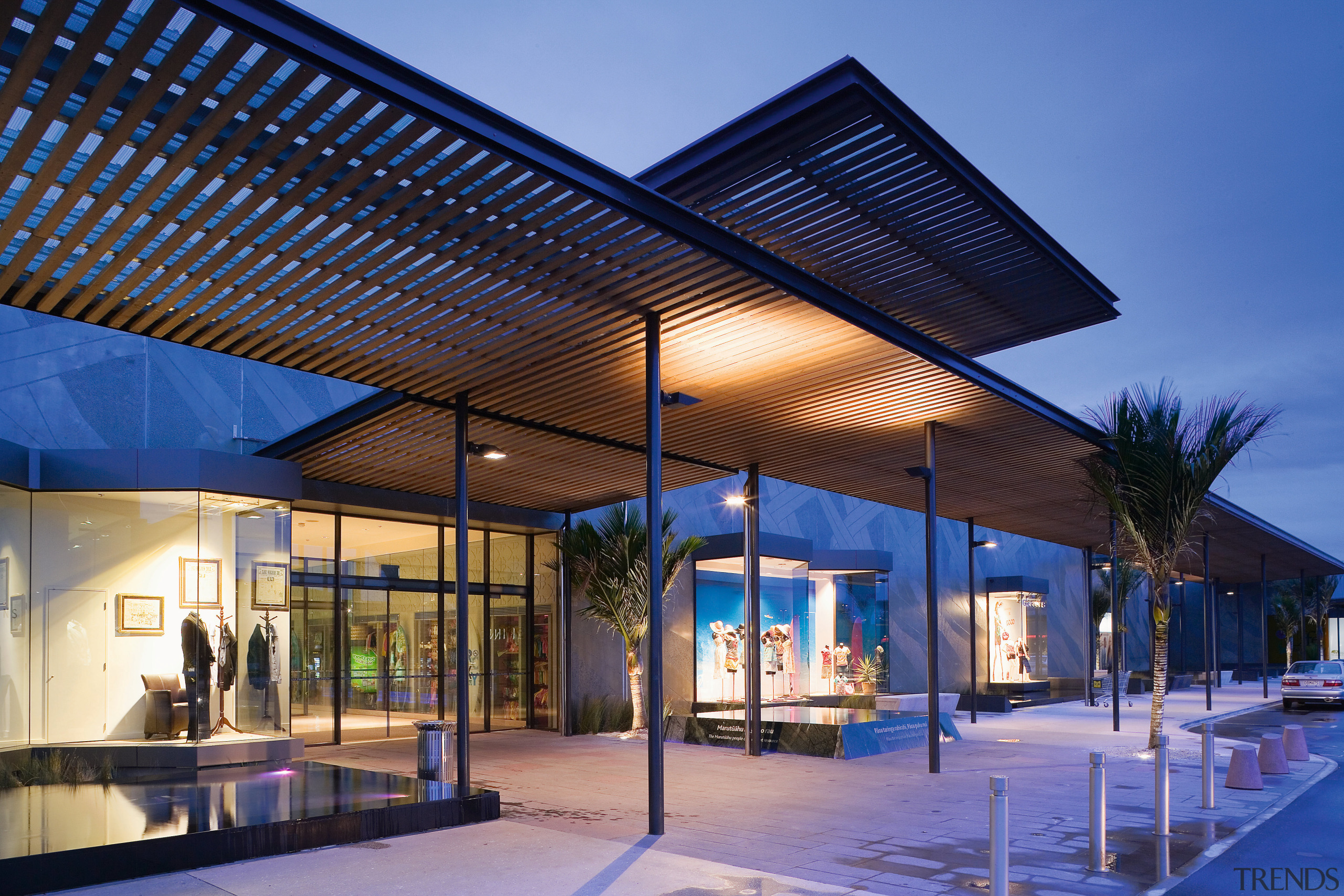 A view of the Sylvia Park shopping complex. architecture, daylighting, estate, facade, home, house, real estate, roof, shade, blue