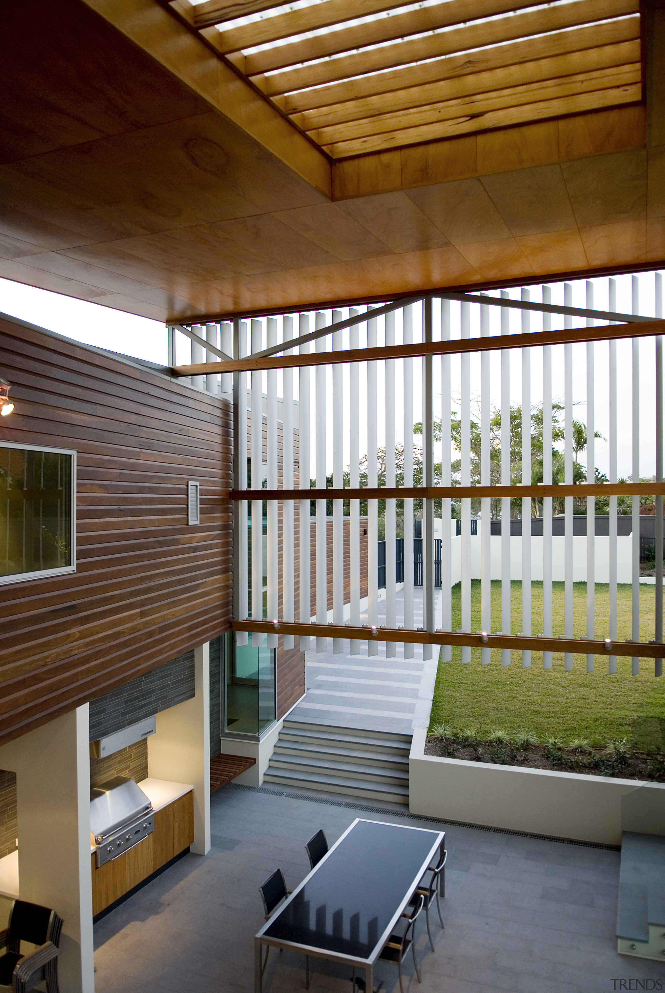 View of home with double height entrance, deck architecture, ceiling, daylighting, home, house, interior design, wood, brown