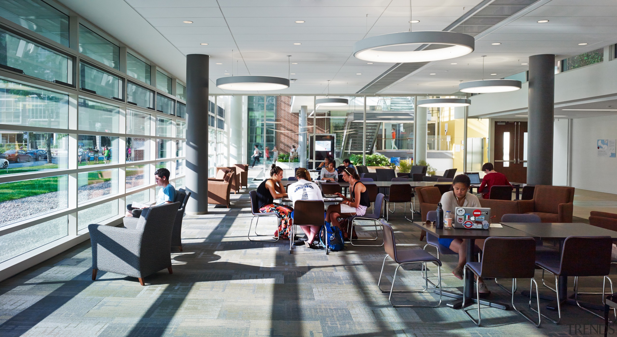 At the Institute of Environmental Sustainability, Loyola University cafeteria, institution, lobby, gray