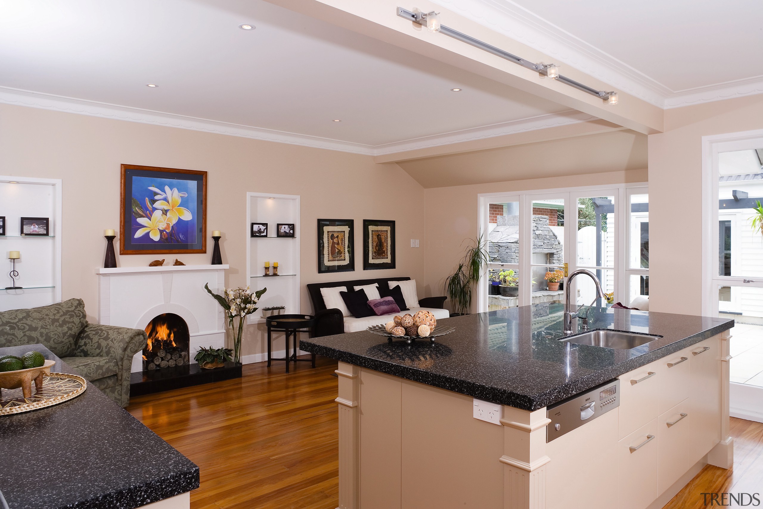 A view of the kitchen area, wooden flooring, home, interior design, kitchen, living room, real estate, room, gray