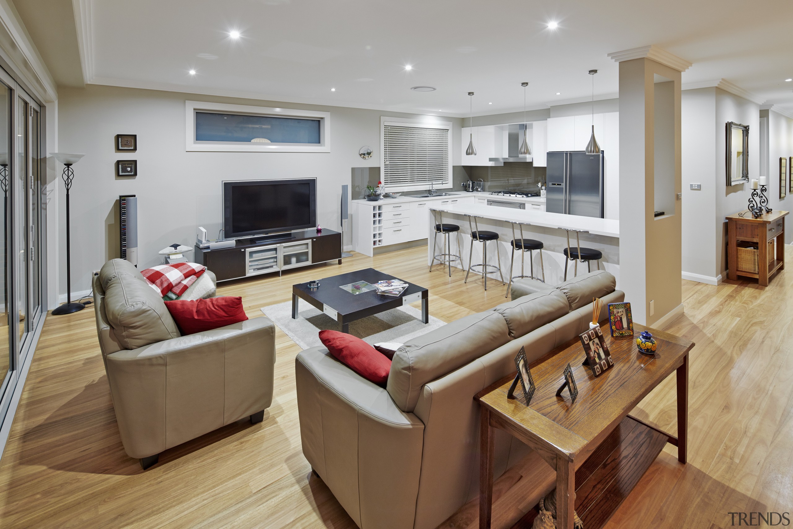 Contemporary house with flow to pool - Contemporary floor, flooring, interior design, kitchen, living room, real estate, room, gray, brown