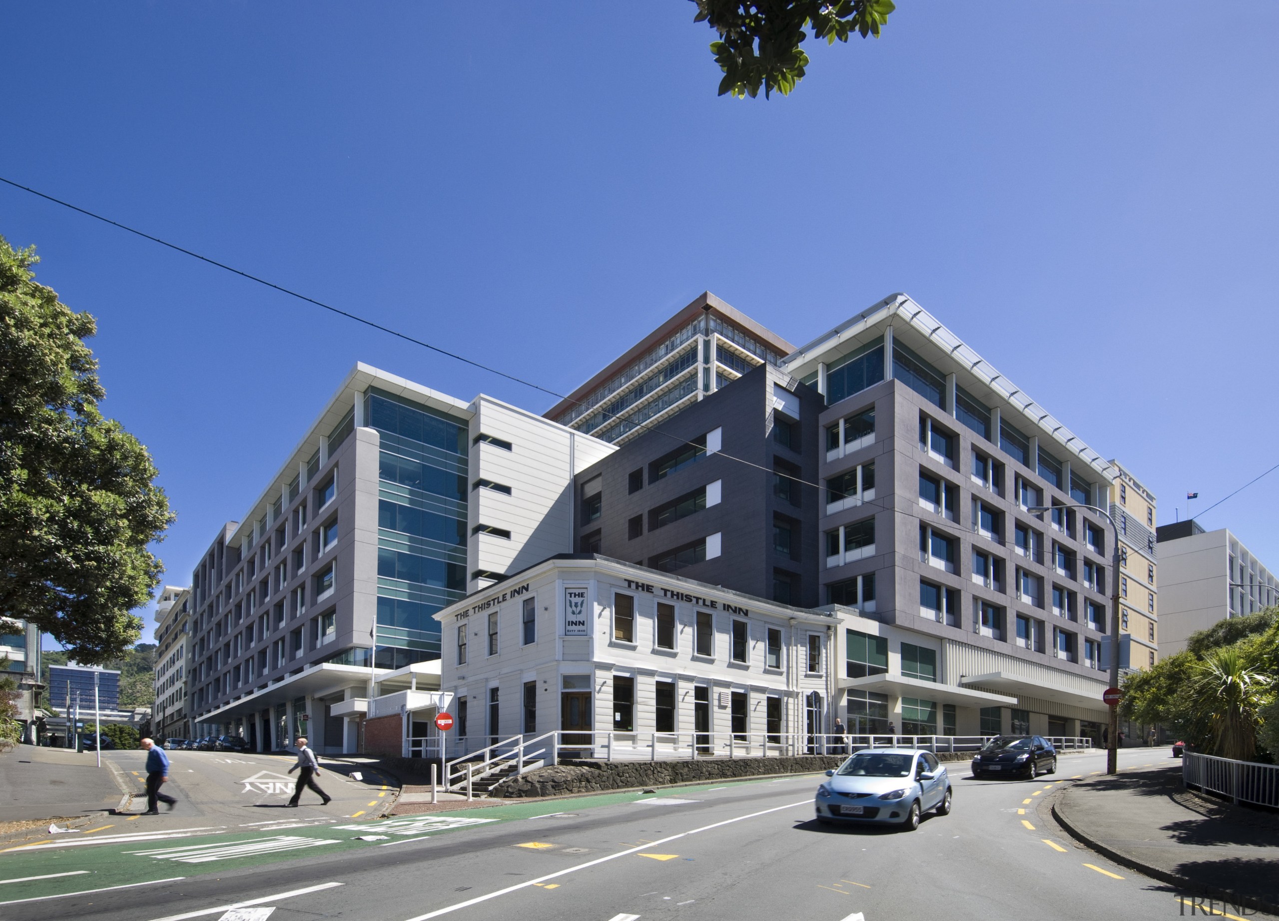 View of the exterior of the Vogel Center apartment, architecture, building, city, commercial building, condominium, corporate headquarters, daytime, facade, headquarters, home, house, metropolis, metropolitan area, mixed use, neighbourhood, property, real estate, residential area, sky, tower block, urban design, blue, gray