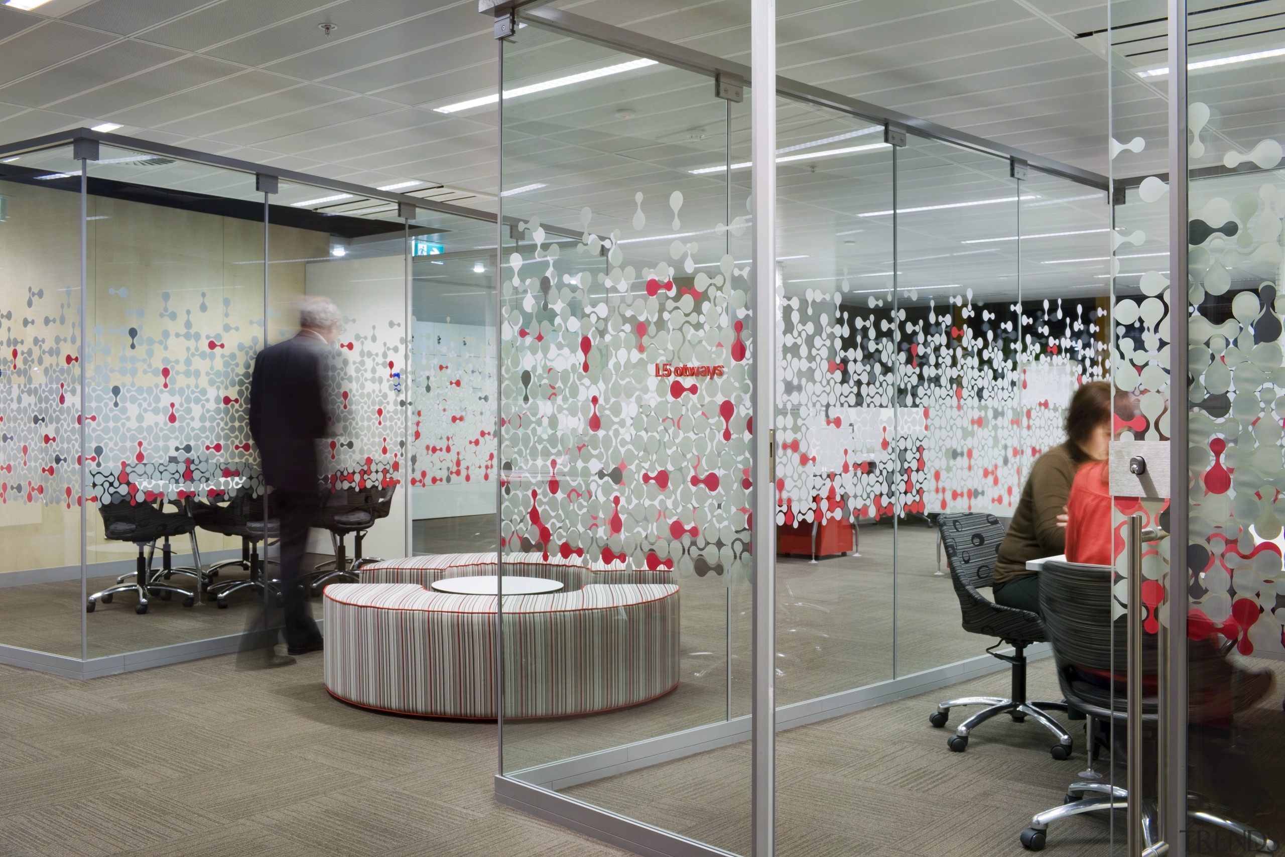 Interior view of Fujitsu offices which features glass design, exhibition, glass, interior design, gray