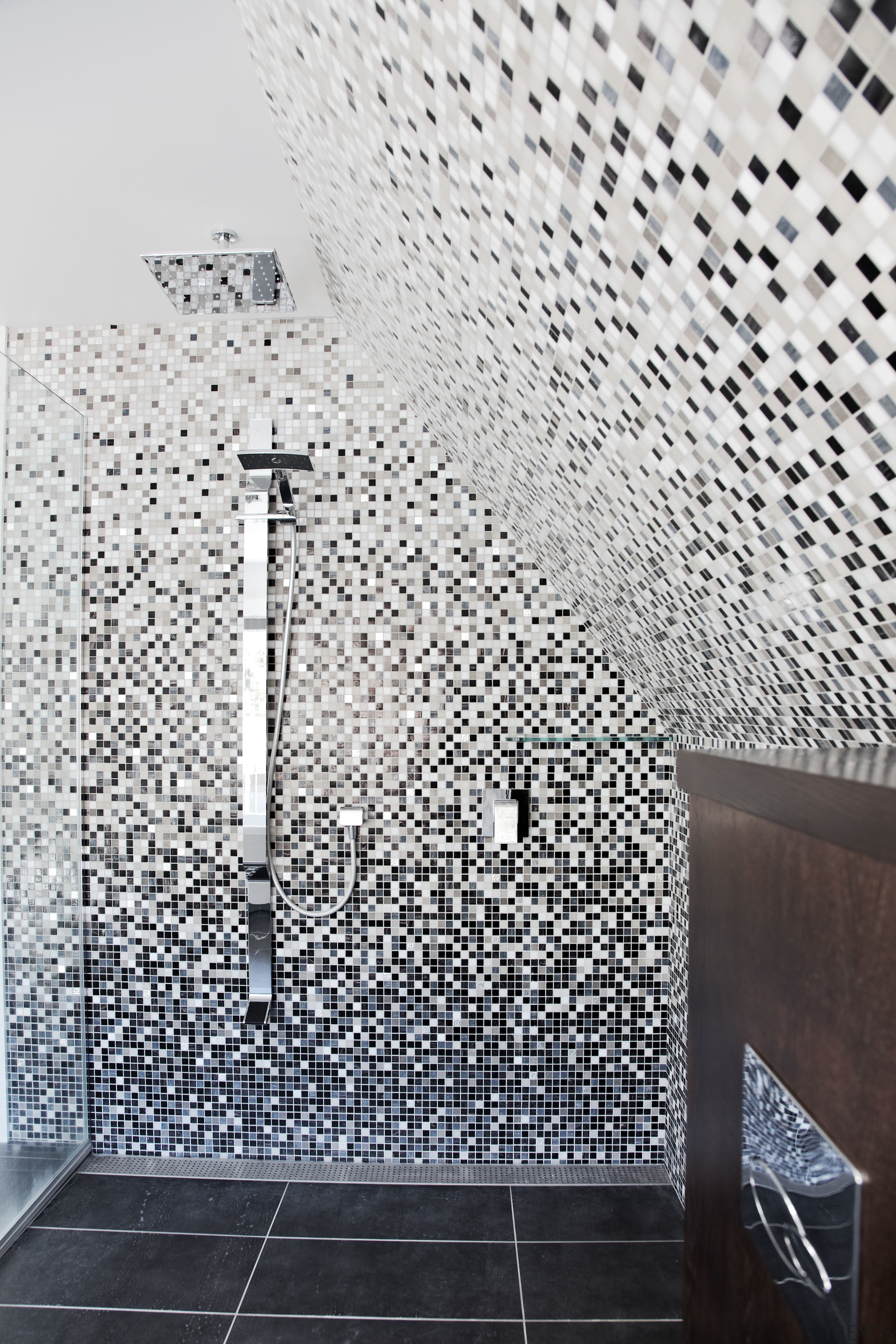 In this new master bathroom, designed by Callidus architecture, black and white, daylighting, glass, pattern, structure, wall, white, black