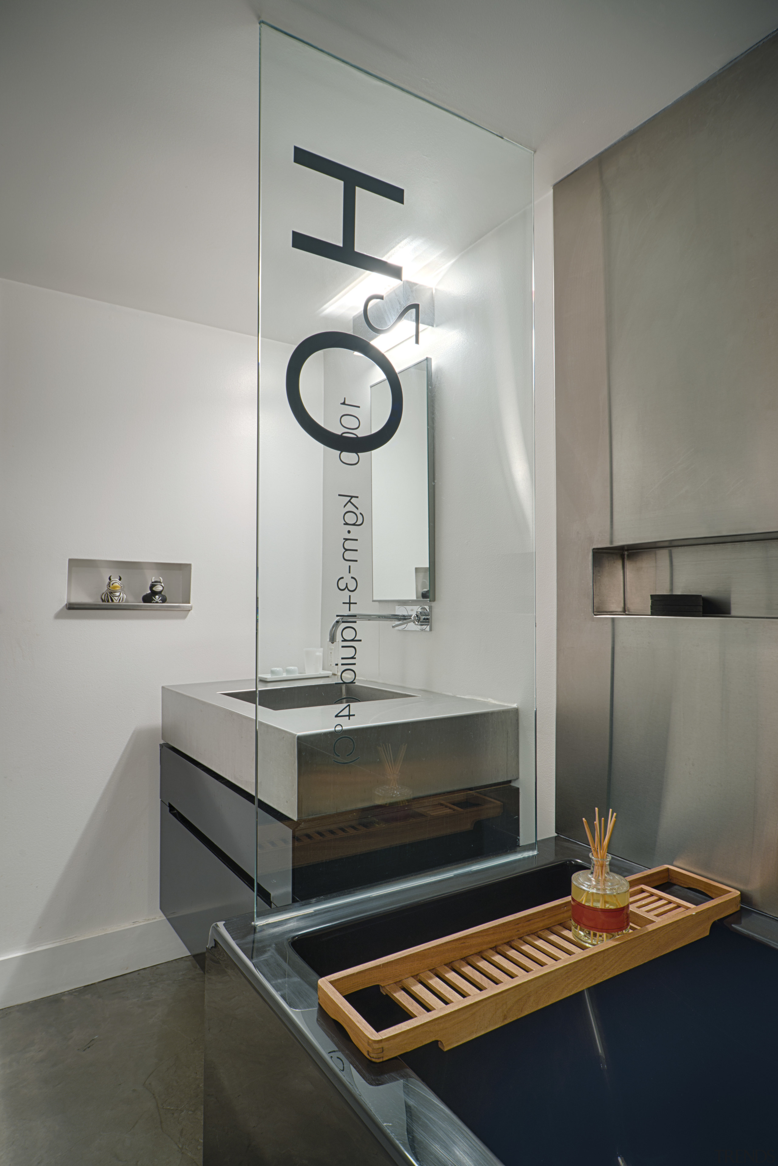 A glass dividing wall and stainless steel vanity bathroom, countertop, interior design, product design, sink, tap, gray