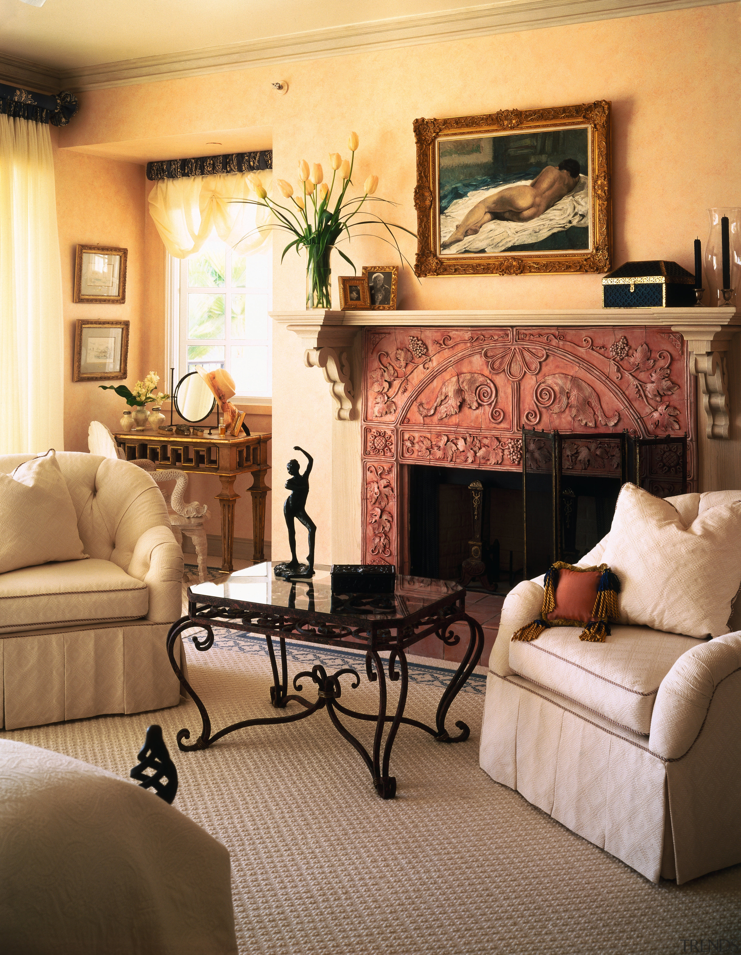 Lounge room setting with cream lounge suite and ceiling, couch, fireplace, floor, flooring, furniture, hearth, home, interior design, living room, room, wall, window, orange, brown