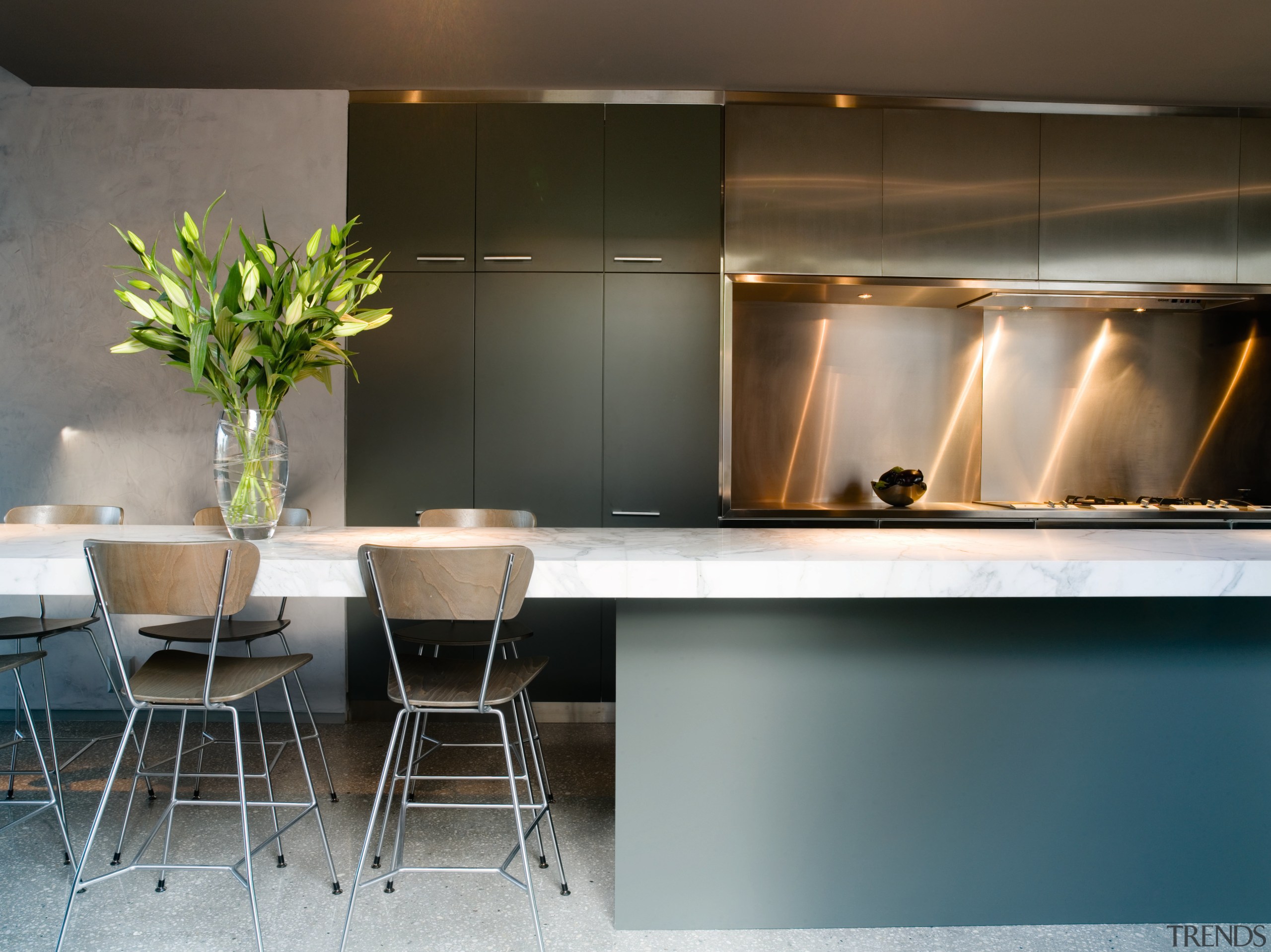 A view of this kitchen featuring polished concrete countertop, furniture, interior design, kitchen, product design, gray, black