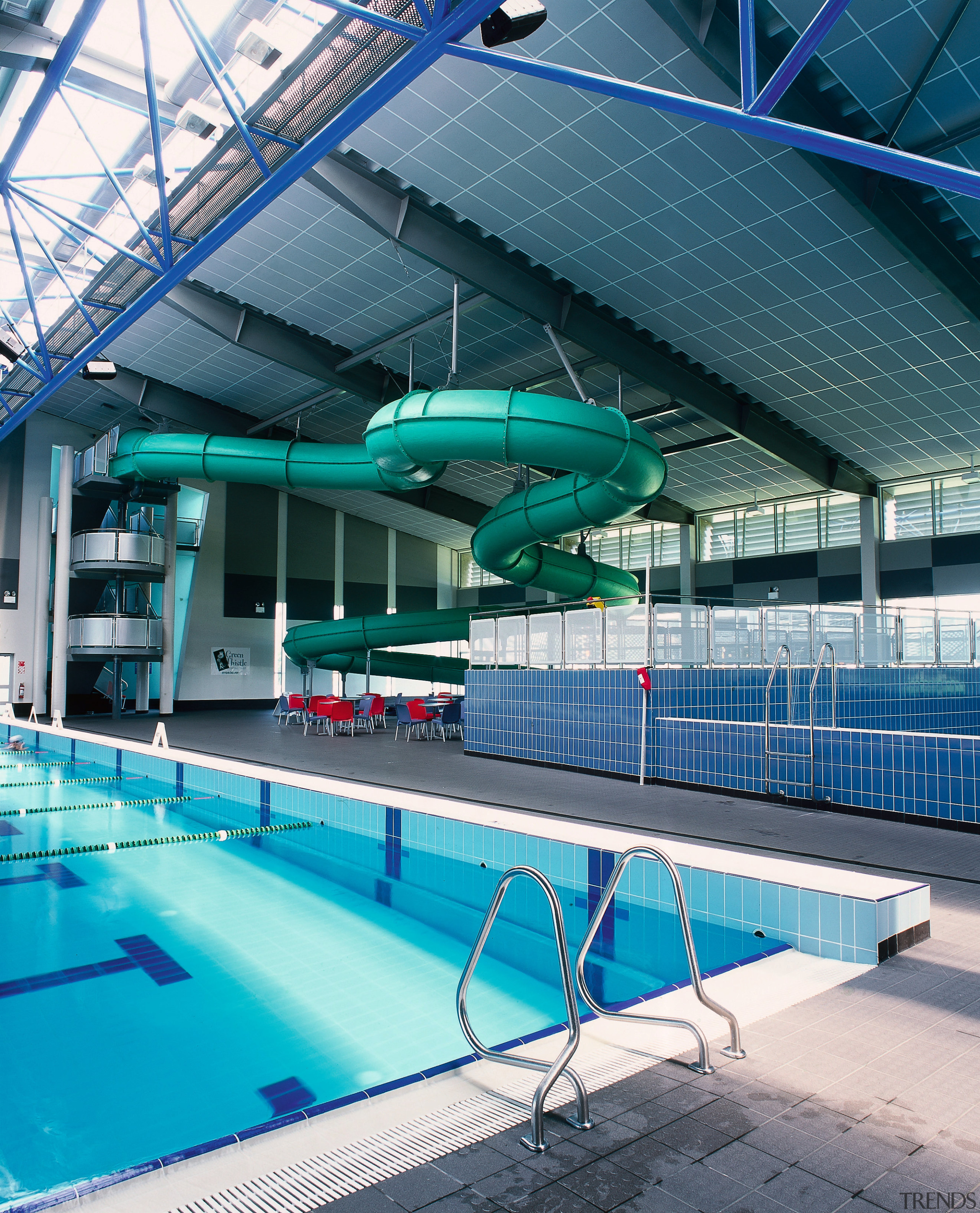 View of pool complex with ceiling panels and architecture, blue, daylighting, leisure, leisure centre, sport venue, structure, swimming pool, water, teal