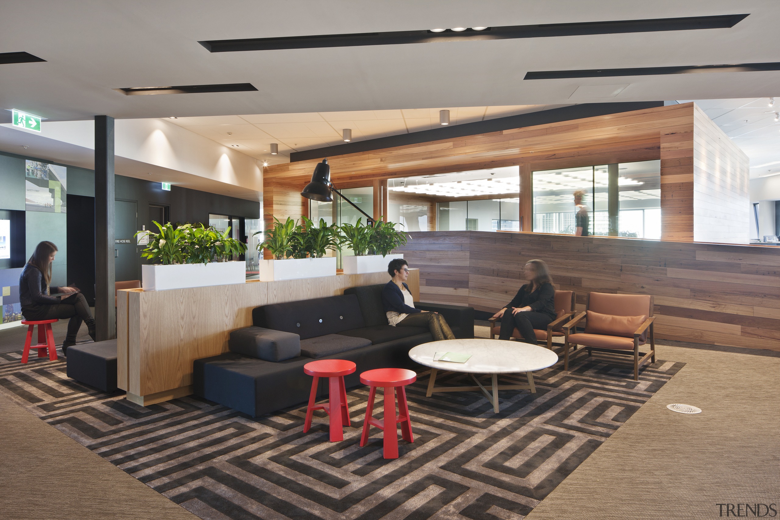 Breakout spaces are set near the stairwell and interior design, lobby, real estate, gray