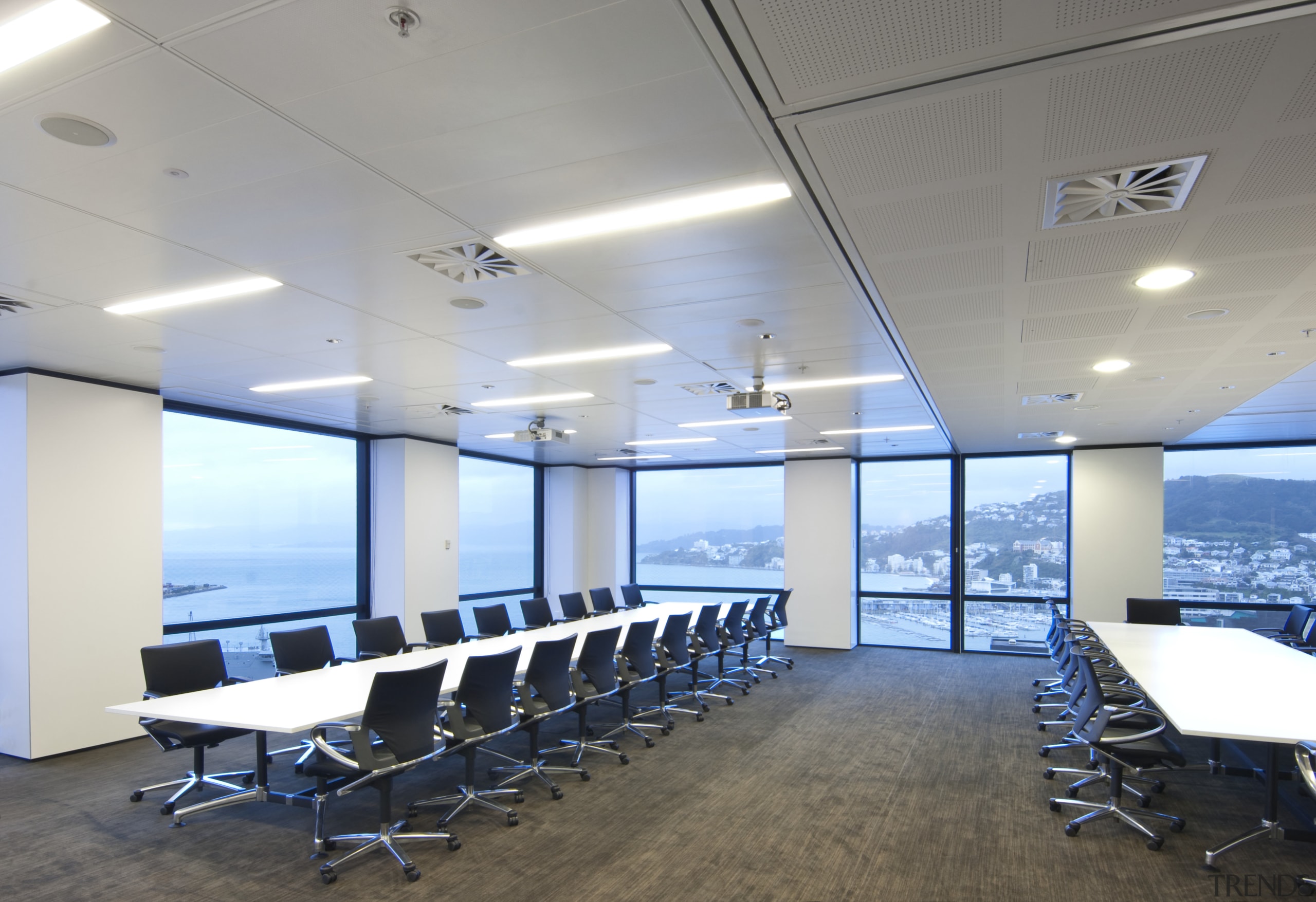 Interior view of the office conference room - ceiling, conference hall, daylighting, interior design, office, real estate, table, gray