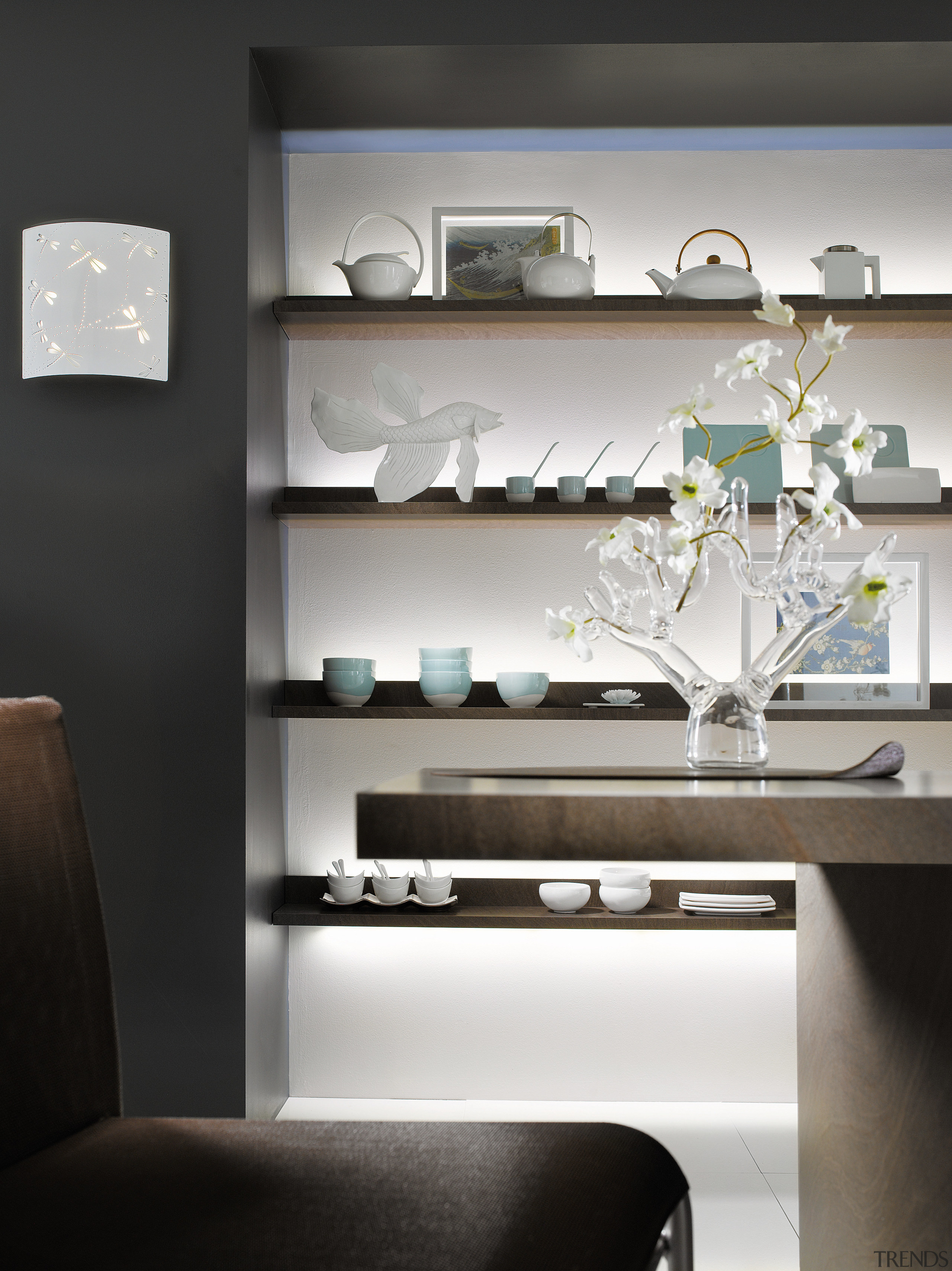 Good taste  Bold, daring designs emphasising vibrant furniture, interior design, product design, shelf, shelving, wall, black