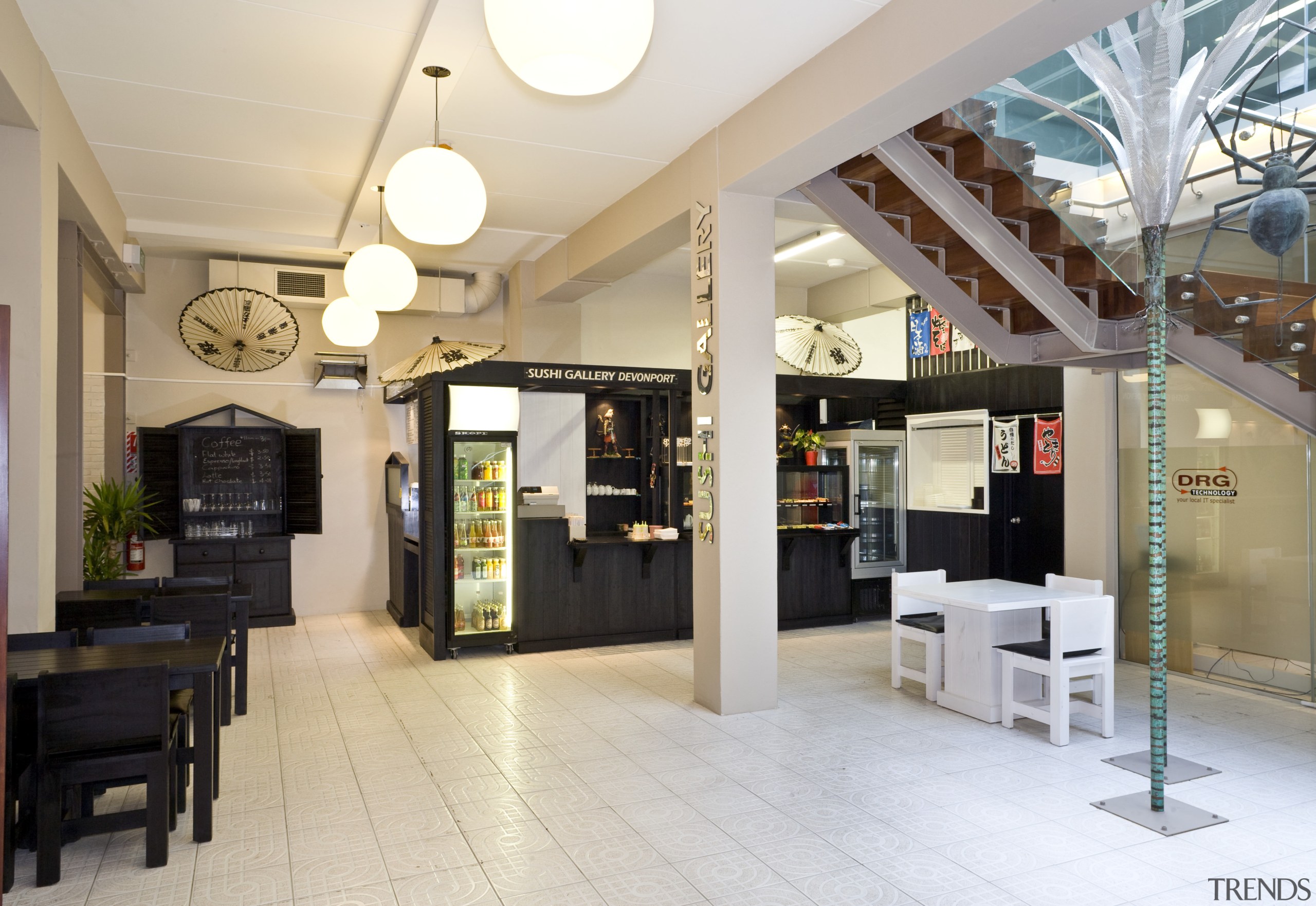 View of a food outlet with tiled flooring, ceiling, interior design, lobby, gray