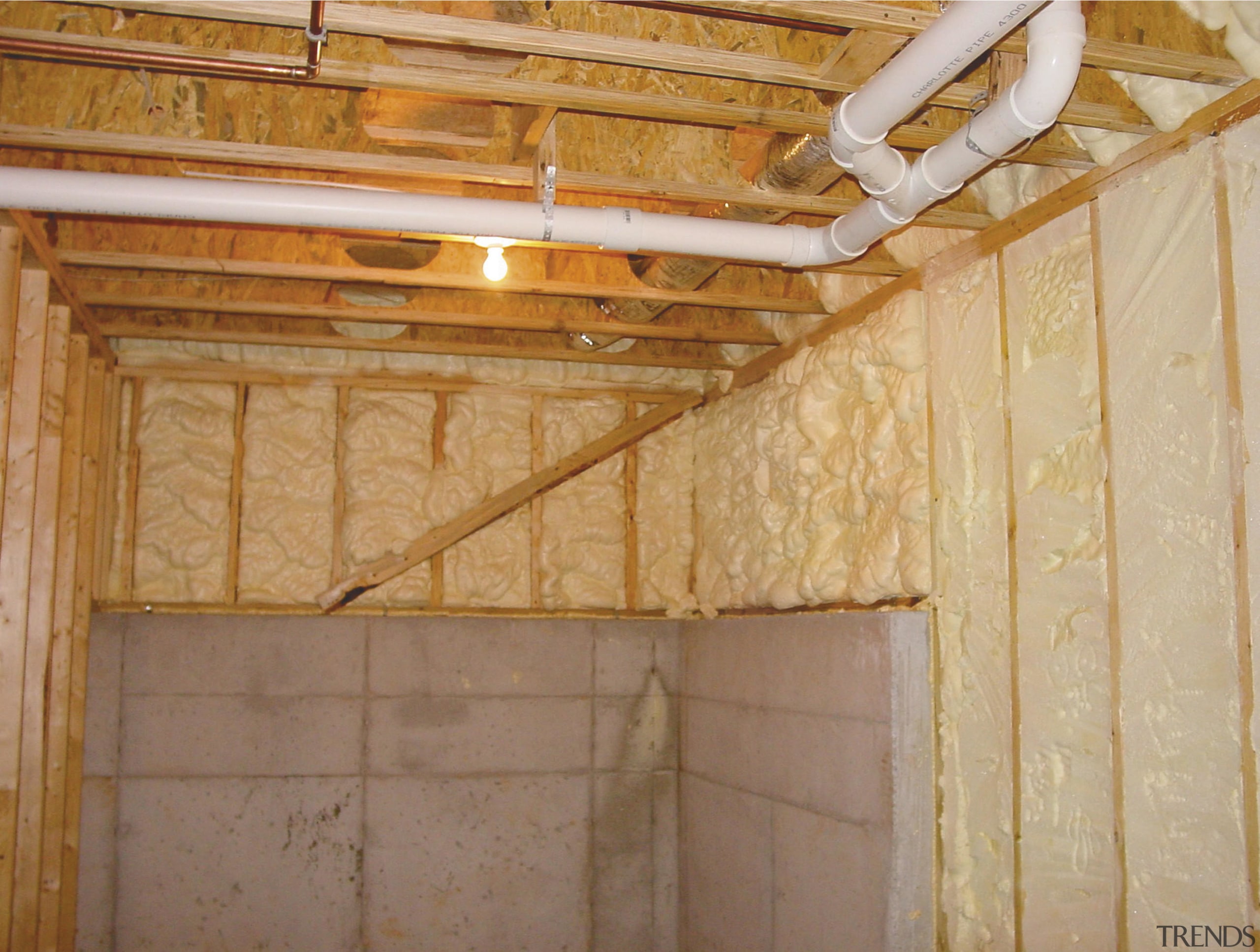 Icynene Spray Foam starts of as a liqquid attic, beam, building insulation, ceiling, floor, insulation, lumber, wall, wood, wood stain, orange, brown