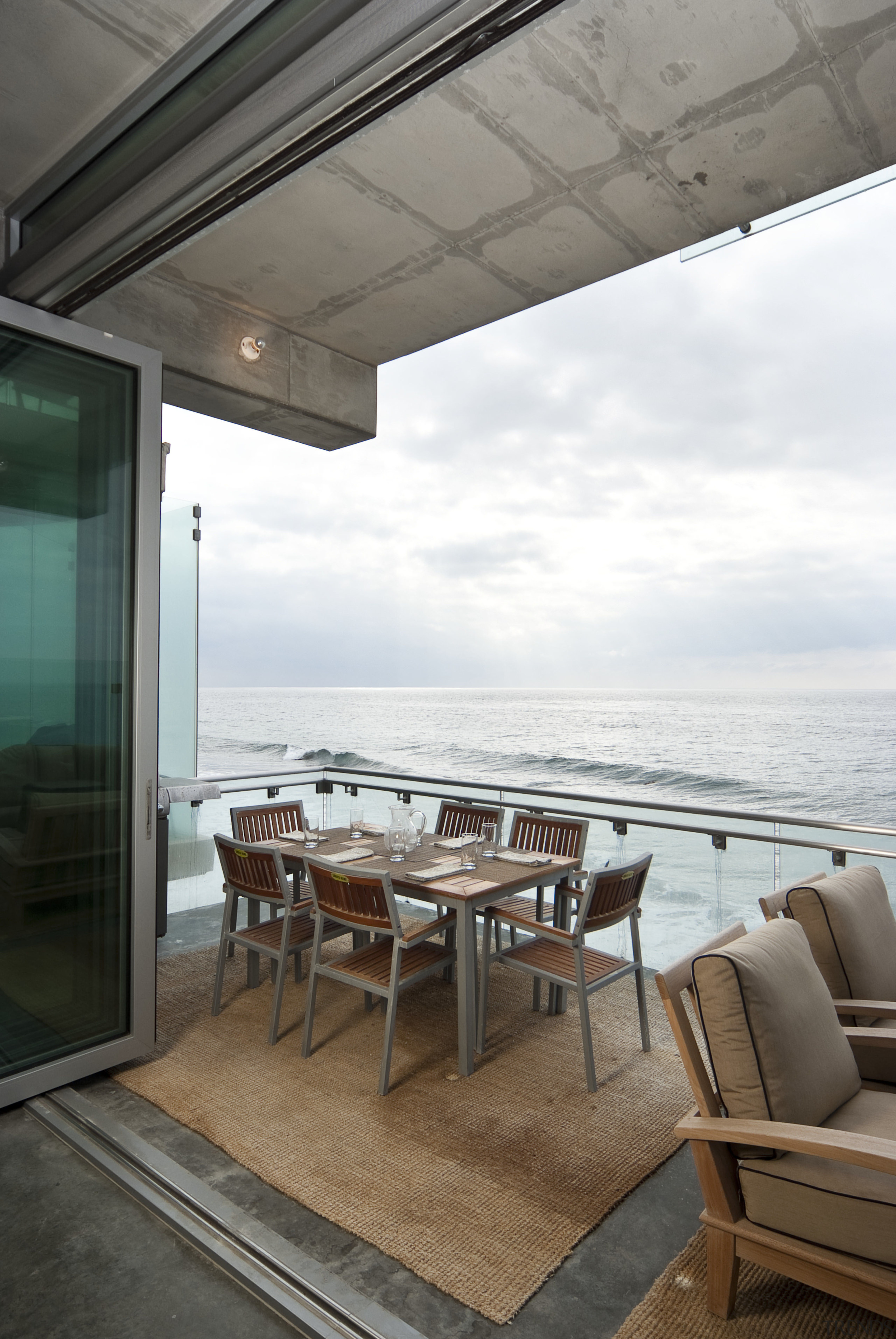 View of deck featuring outdoor living furniture, and apartment, house, interior design, table, white, gray