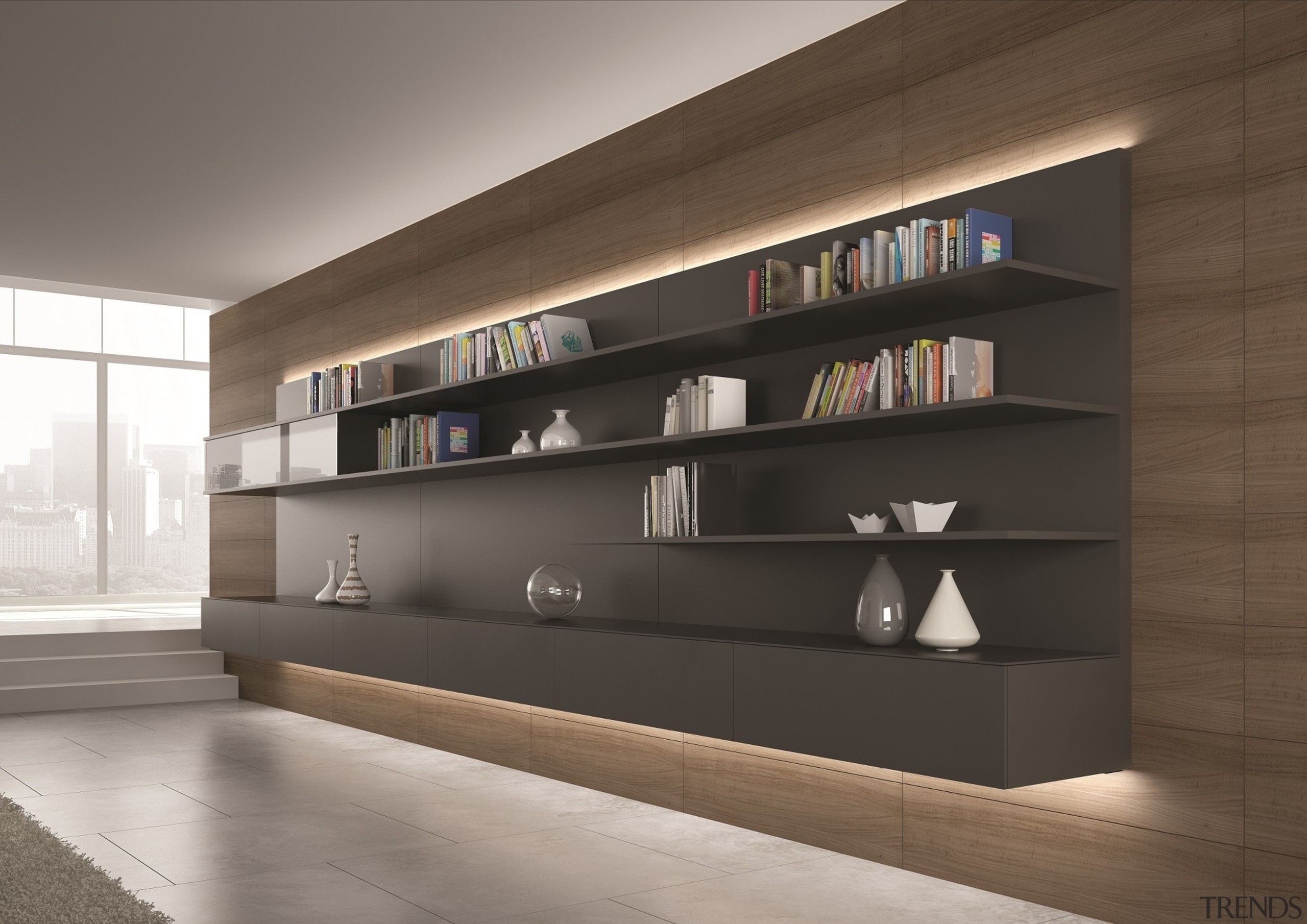 The connection system of this model ensures consistency architecture, bookcase, display case, furniture, interior design, lobby, shelf, shelving, gray, brown