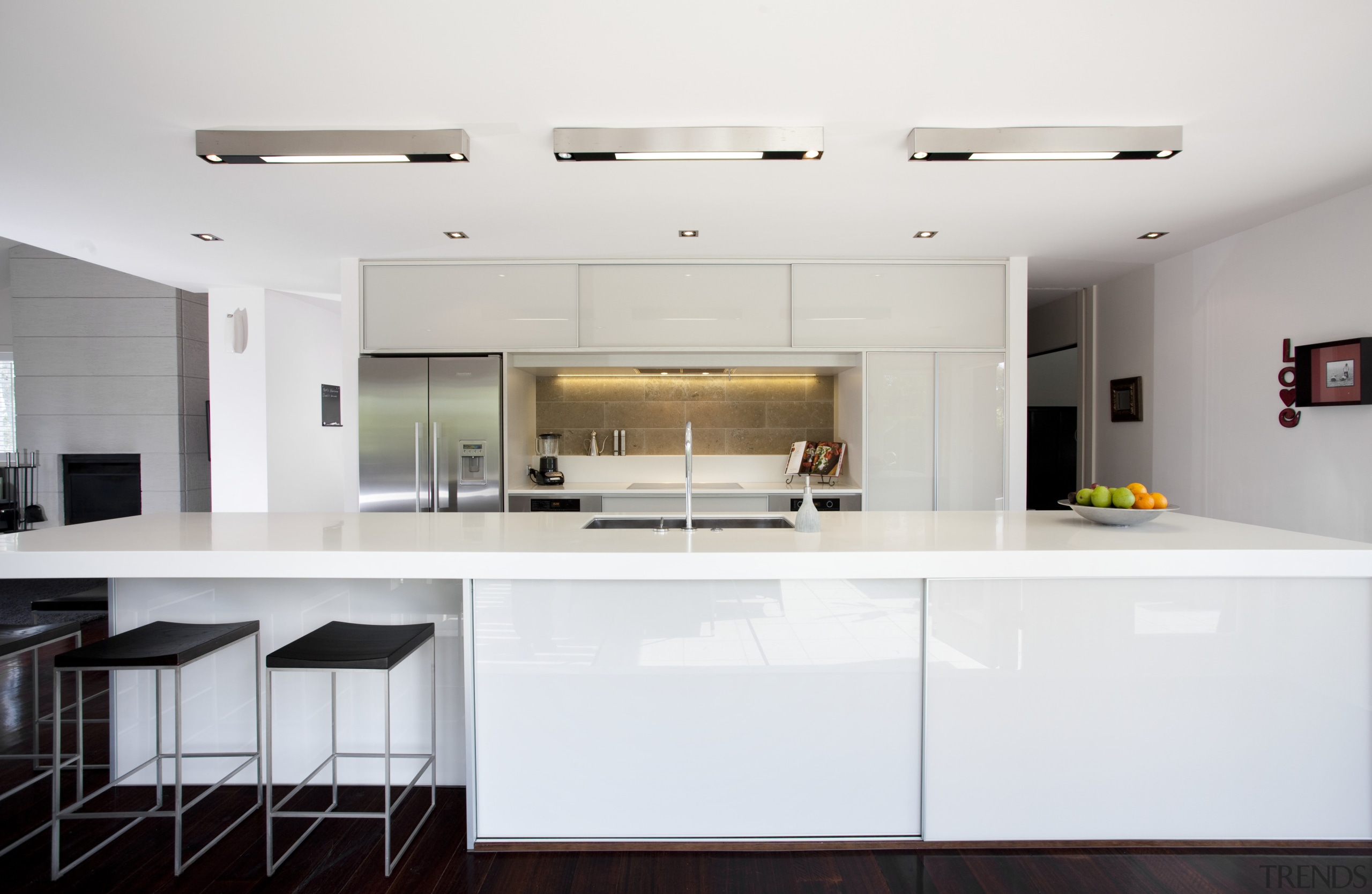 View of contemporary kitchen with white cabinetry, wooden cabinetry, countertop, cuisine classique, interior design, kitchen, real estate, room, white