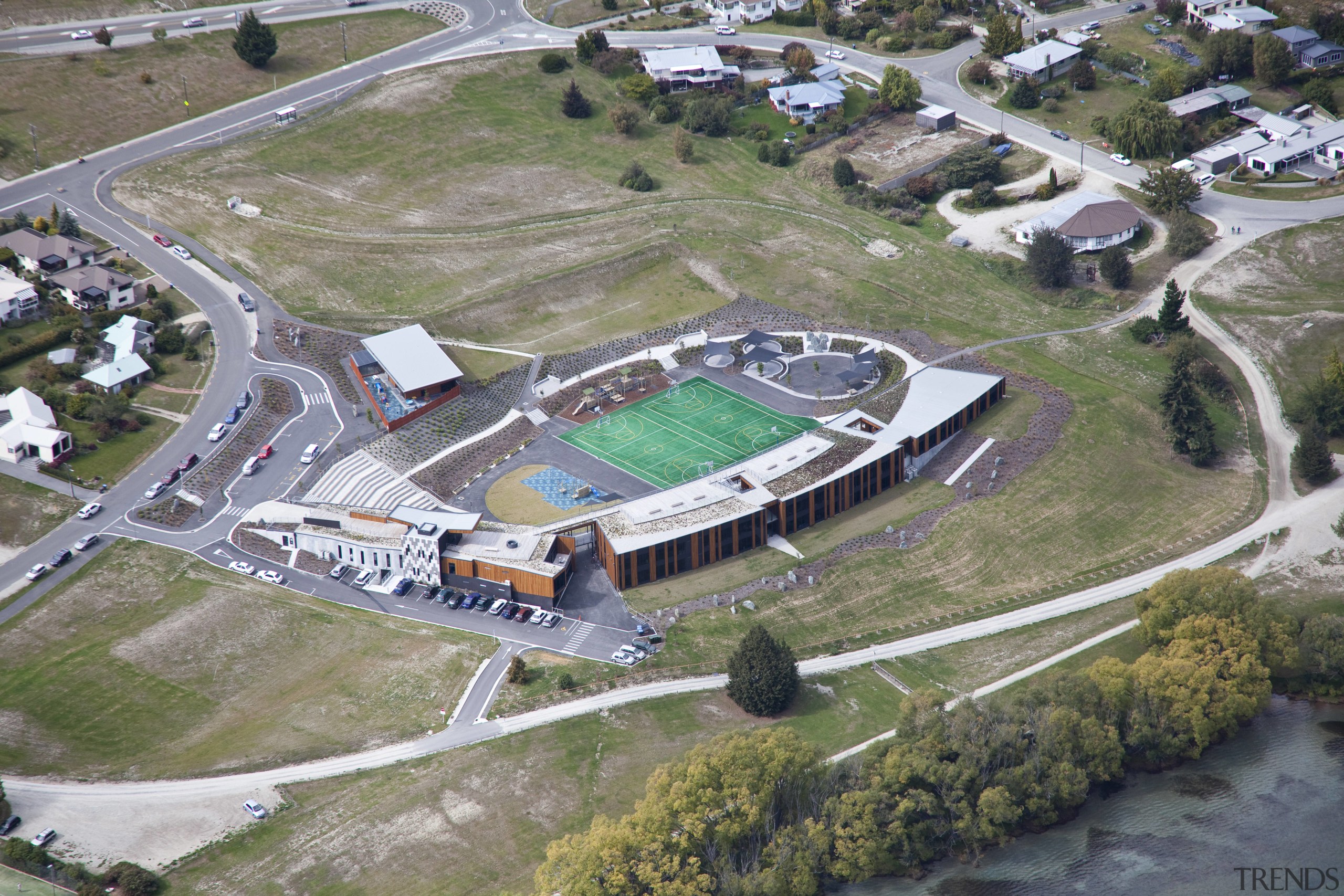 View of Remarkables Primary School in Queenstown. - aerial photography, bird's eye view, sport venue, stadium, structure, gray, brown