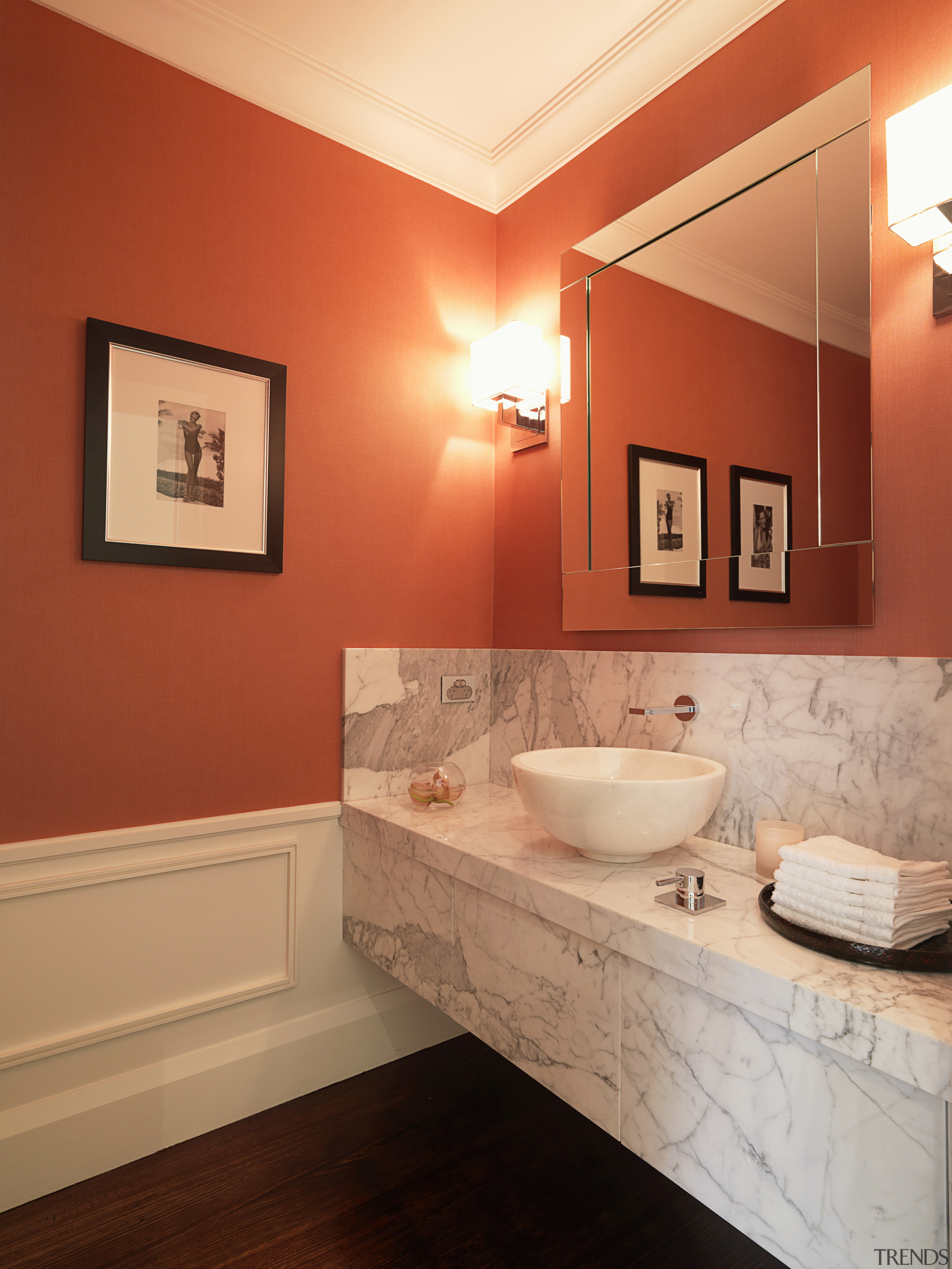 View of powder room with a marble vanity bathroom, ceiling, floor, home, interior design, room, sink, wall, orange, red