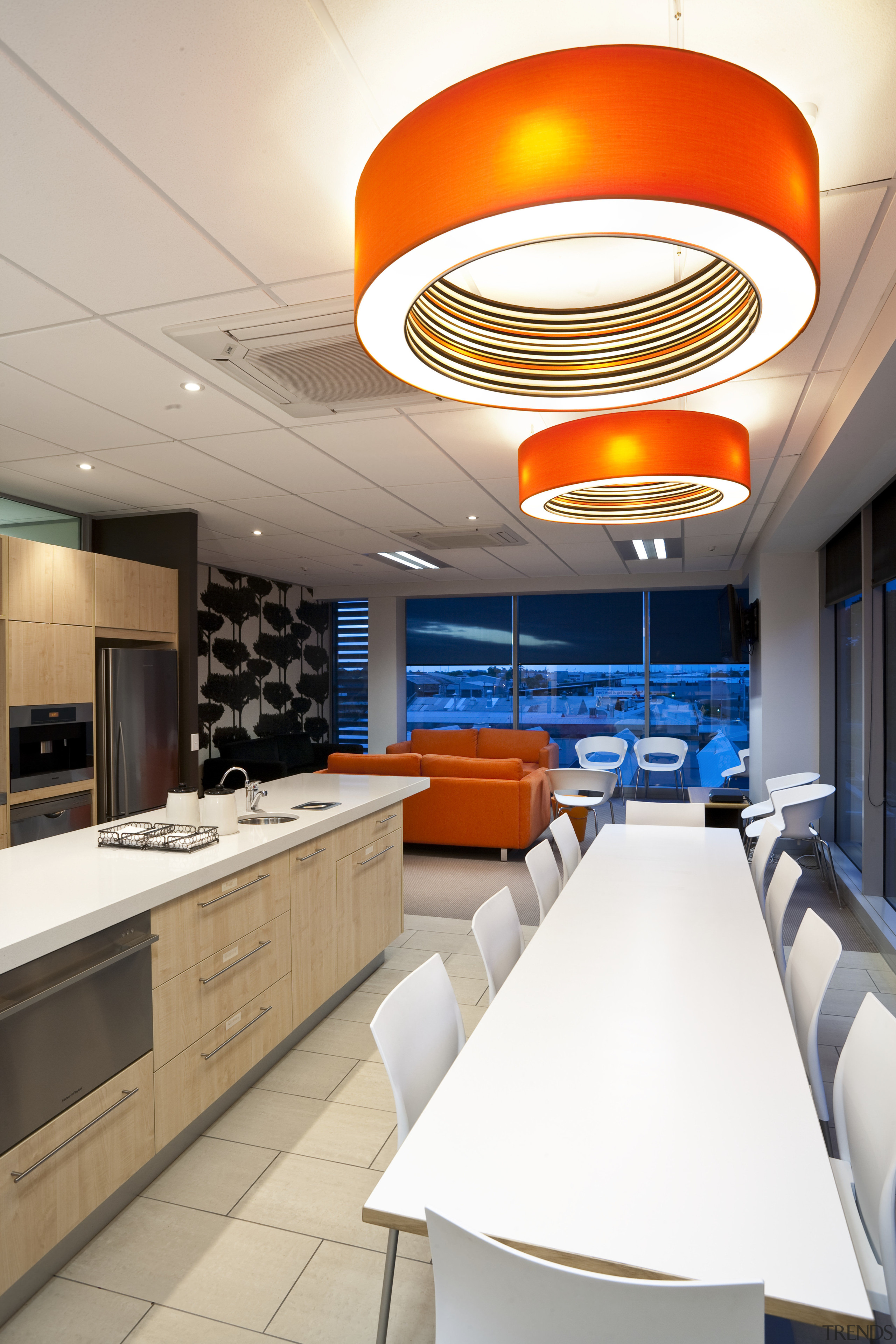 View from dining room overlooking kitchen &amp; living ceiling, interior design, kitchen, product design, white