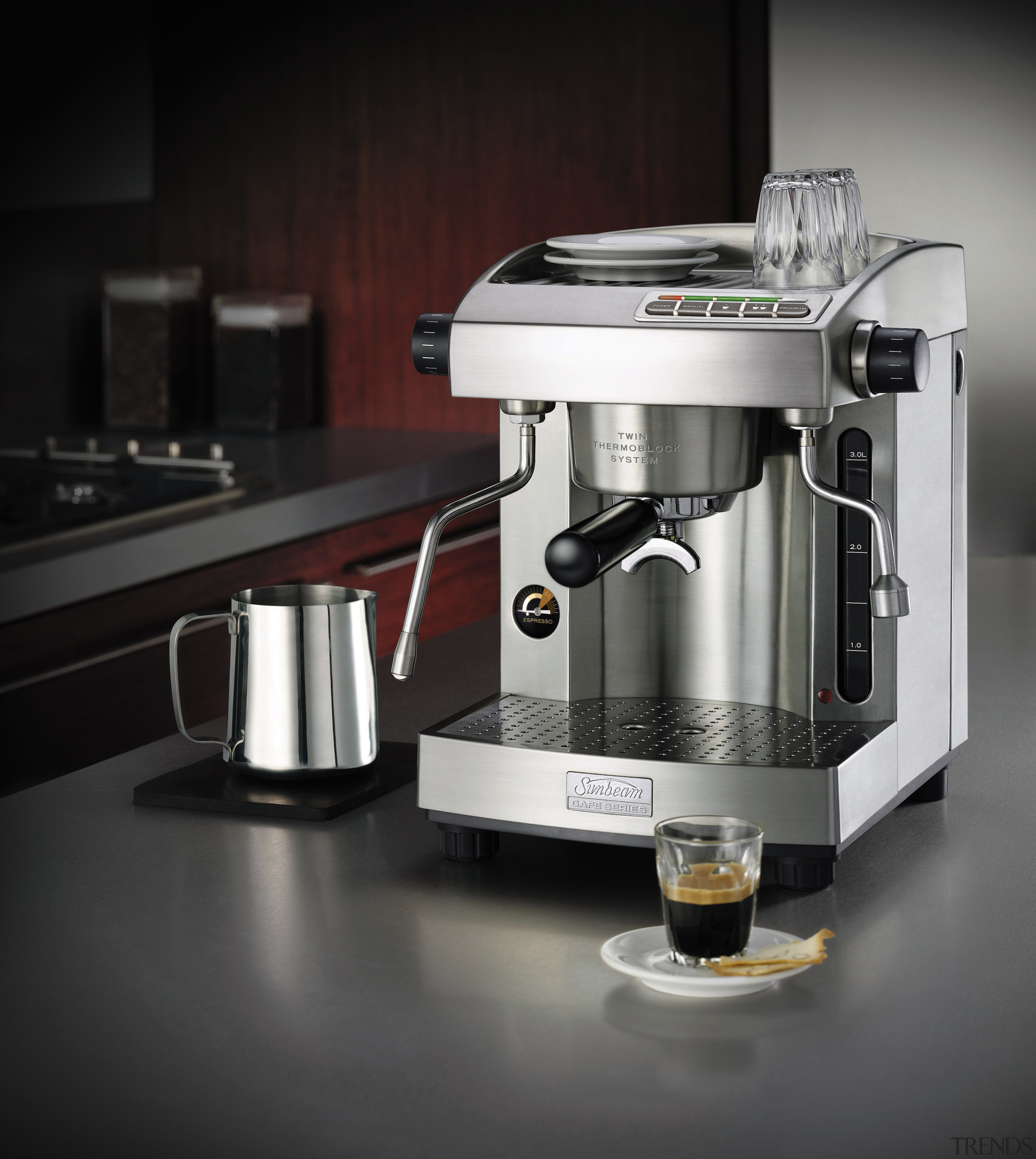 Espresso coffee maker on benchtop. - Espresso coffee coffeemaker, espresso machine, home appliance, kitchen appliance, mixer, product, product design, small appliance, black, gray