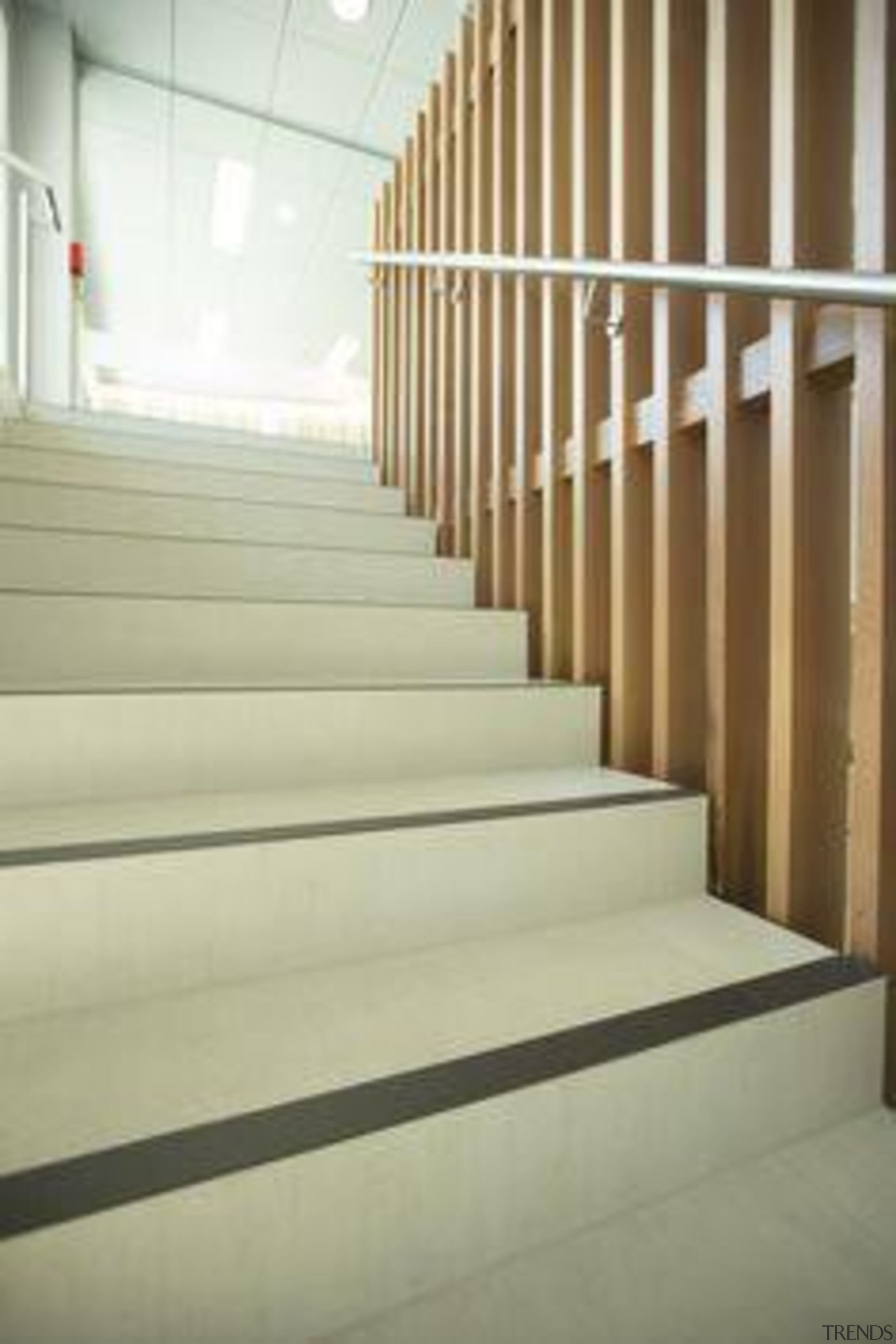 Floor featuring Naturali travertino avorio. - Network Tasman architecture, baluster, daylighting, floor, flooring, handrail, interior design, stairs, wall, wood, yellow