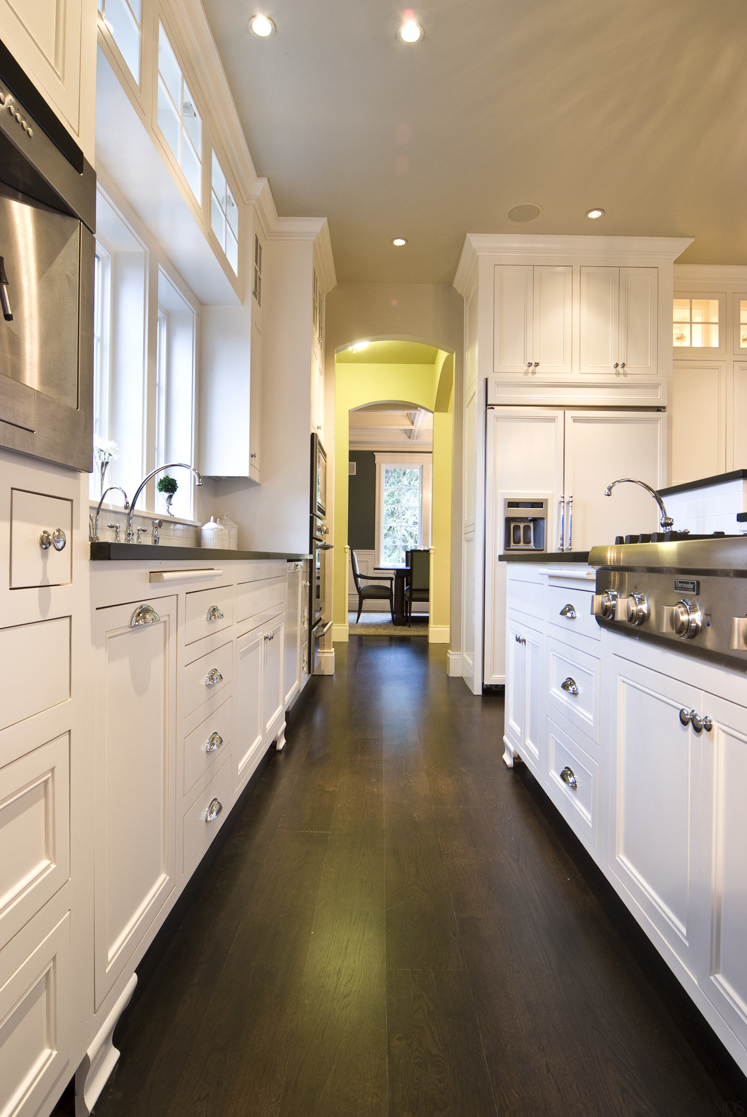 Wood Floors add authenticity from Harvest Timber Co. cabinetry, ceiling, countertop, cuisine classique, floor, flooring, hardwood, home, interior design, kitchen, laminate flooring, room, wood flooring, gray