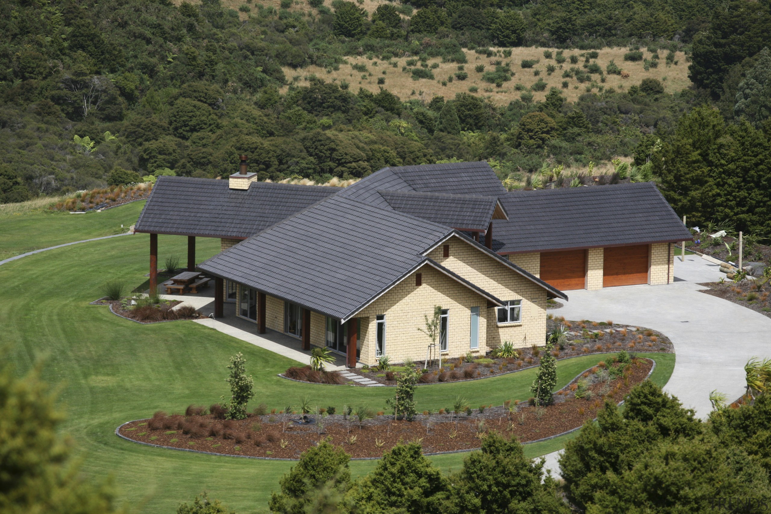 birds eye view of roof and house - cottage, estate, farm, farmhouse, home, house, landscape, property, real estate, roof, rural area, brown, green