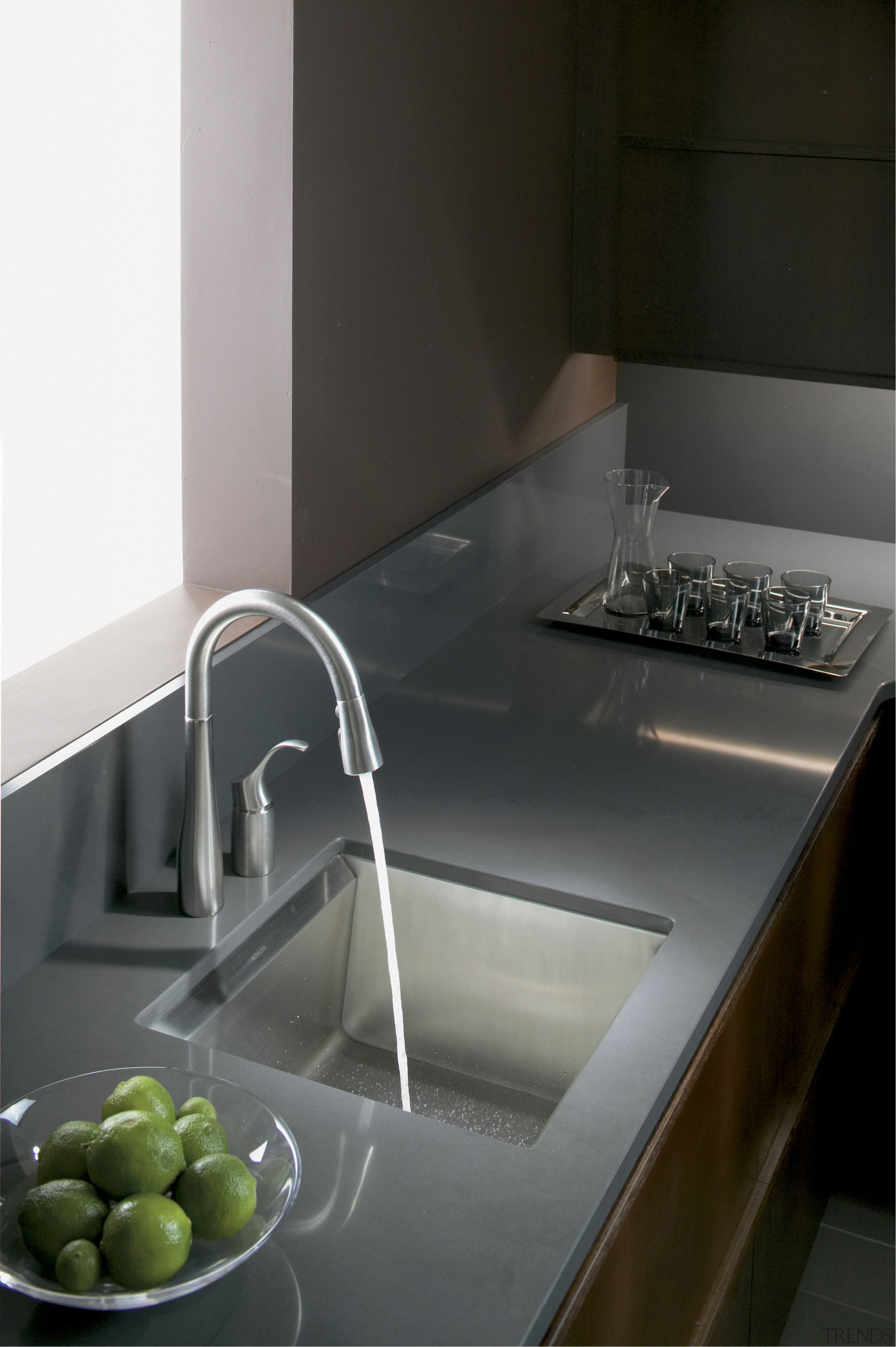 Image of Kohler's new 8 Degree stainless steel bathroom sink, countertop, interior design, kitchen, plumbing fixture, product design, sink, tap, black