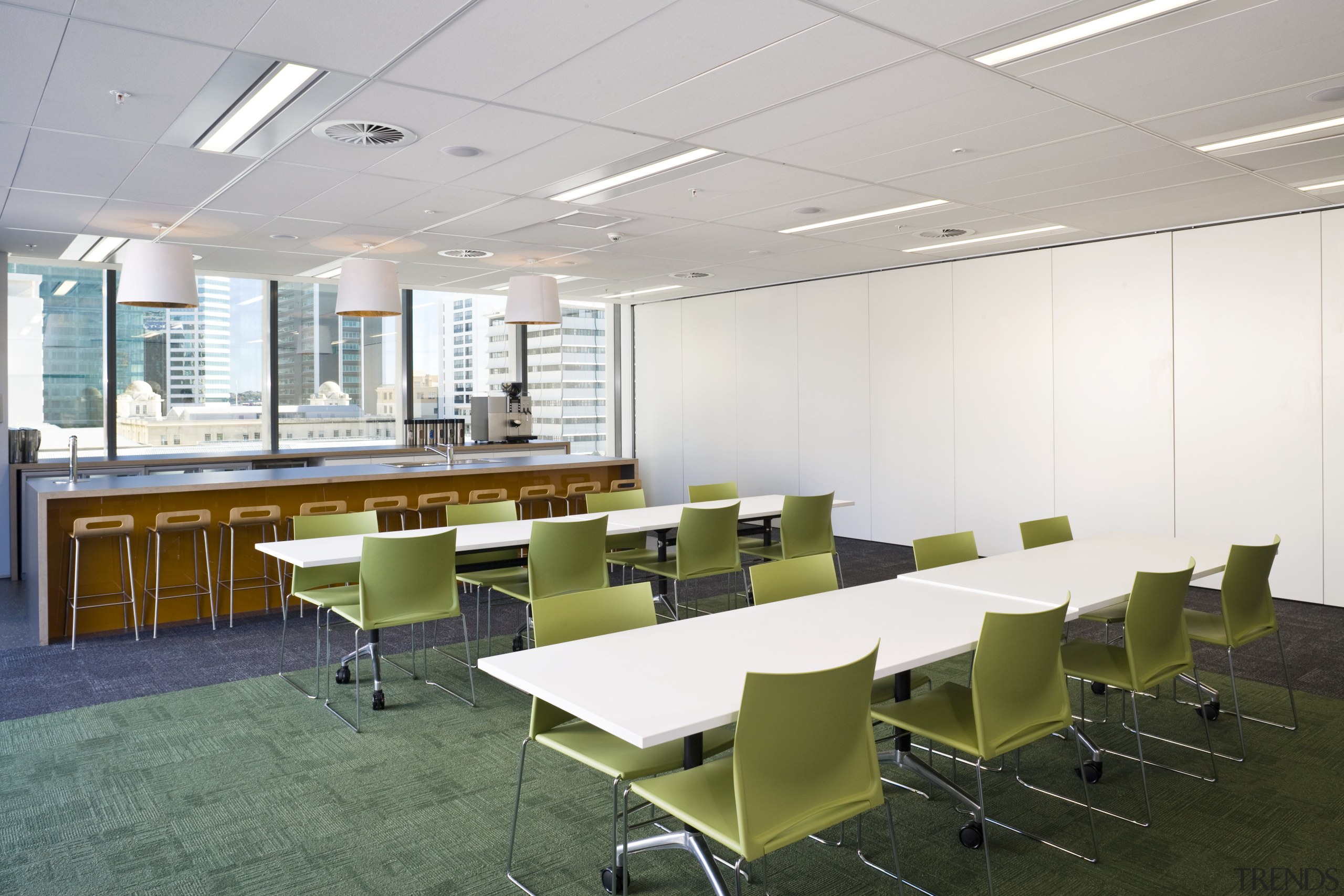 Interior view of office space inside the Westpac architecture, ceiling, classroom, conference hall, daylighting, furniture, interior design, office, table, white