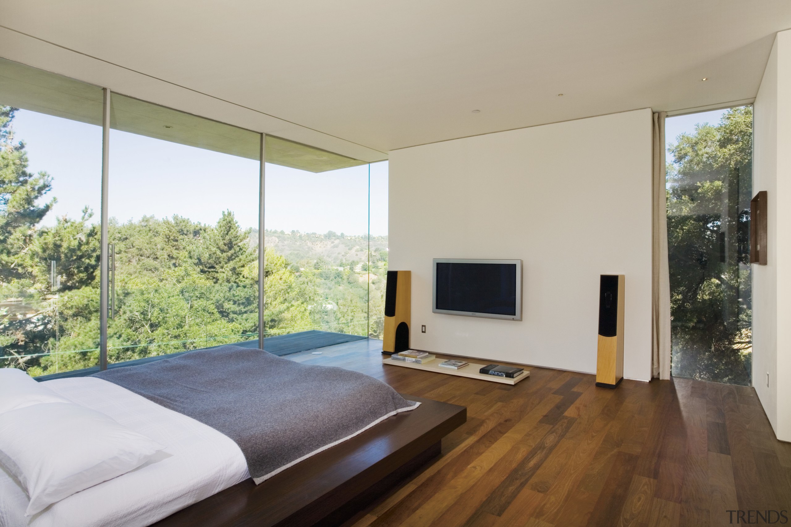 A view of this master bedroom featuring brazilian architecture, bedroom, ceiling, estate, floor, hardwood, house, interior design, living room, property, real estate, room, window, wood, wood flooring, gray