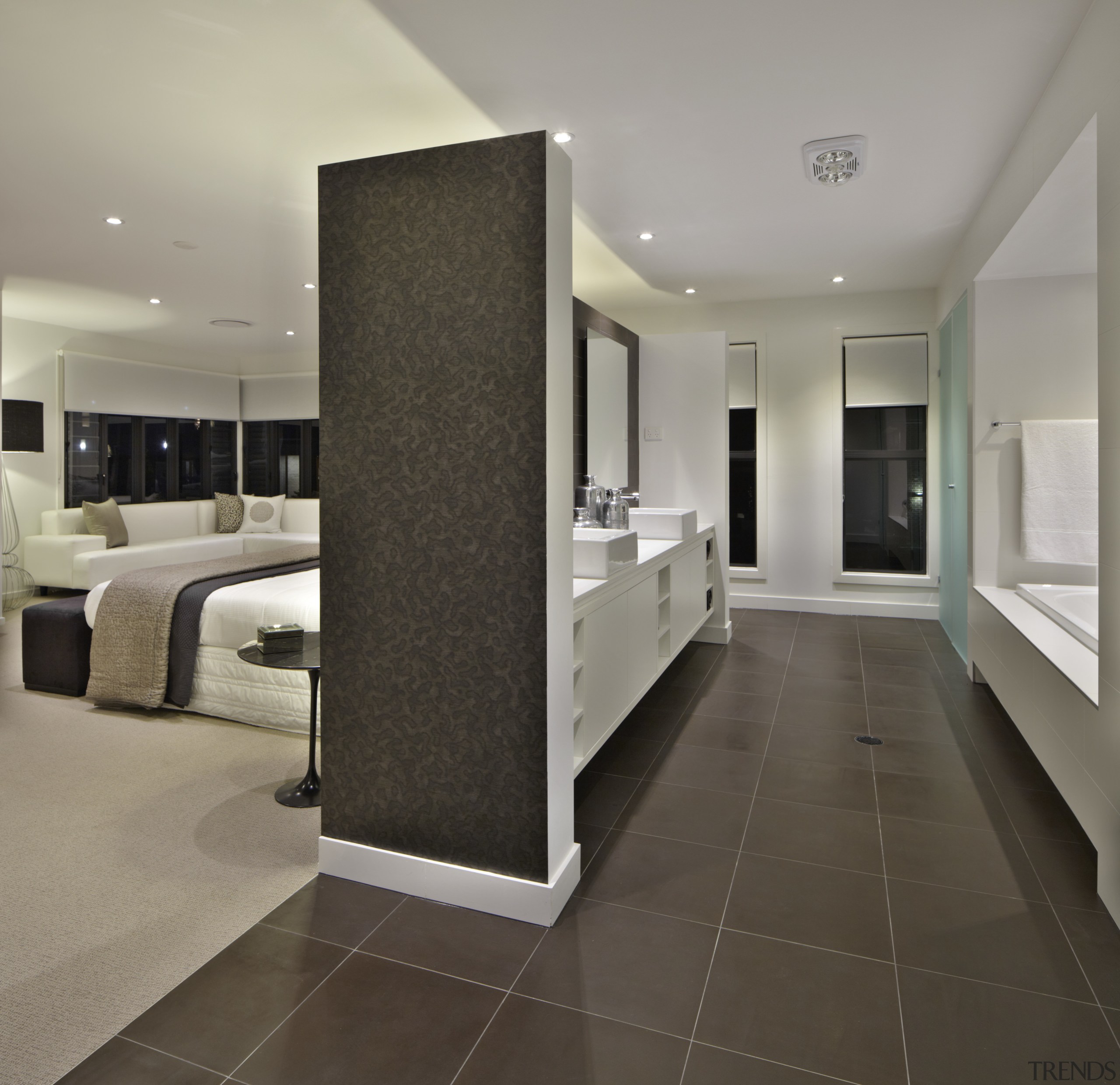 Ensuite with grey tile flooring and bedroom with ceiling, floor, flooring, interior design, laminate flooring, lobby, real estate, room, tile, wood flooring, gray, black