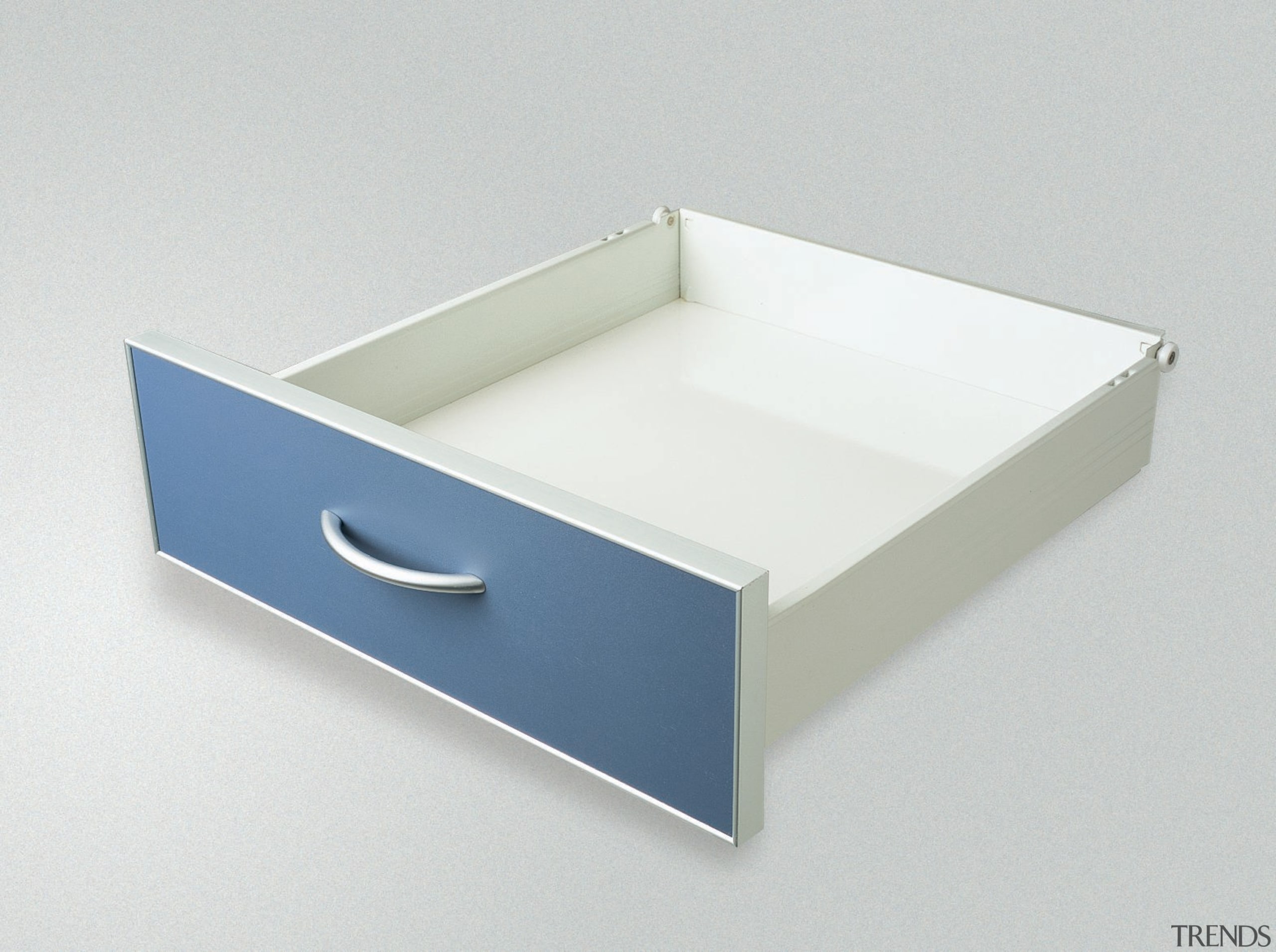 Kitchen drawer with blue front, and white interior, box, drawer, furniture, product design, white