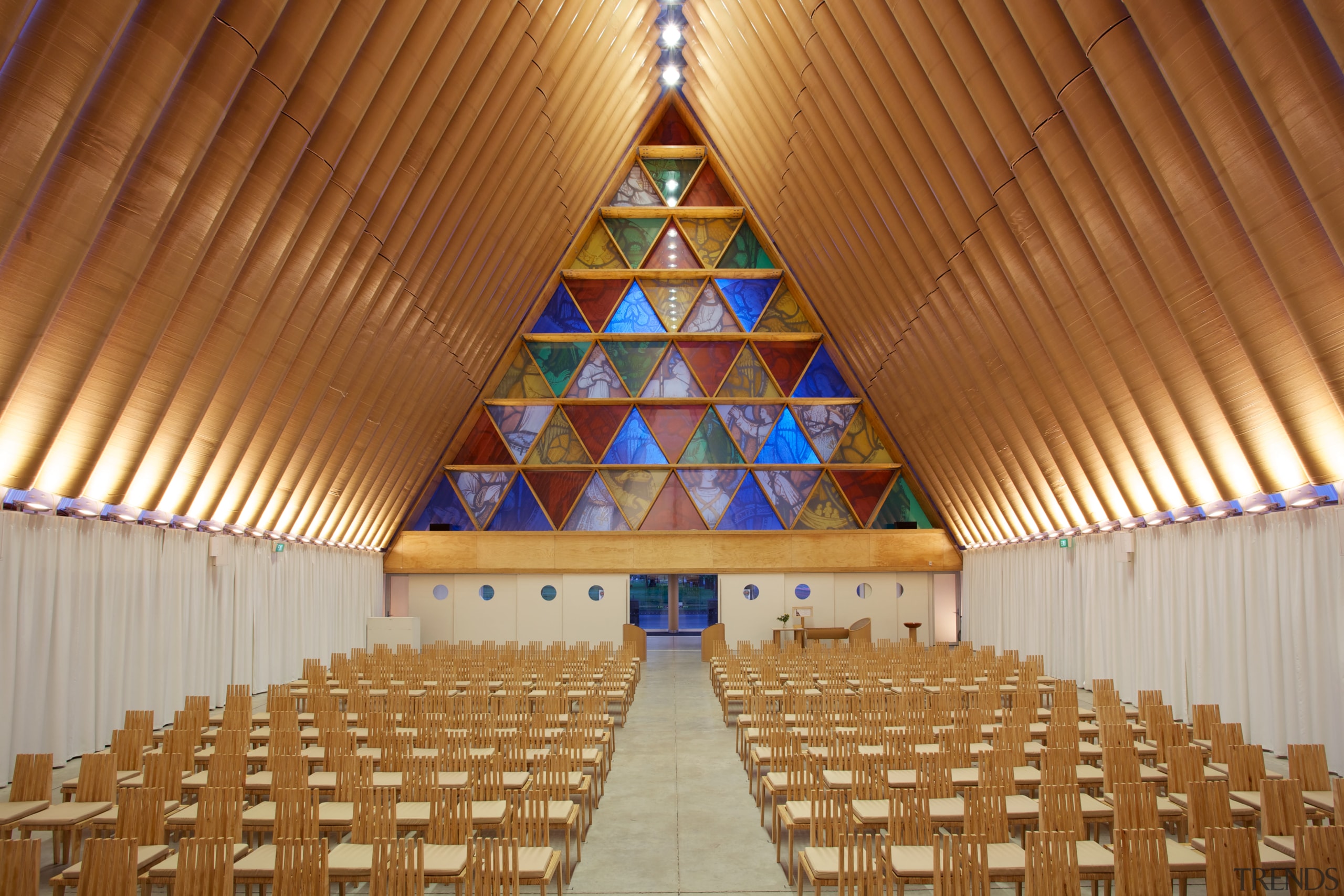 HySpan LVL timber from CHH Woodproducts features in architecture, auditorium, ceiling, chapel, daylighting, function hall, interior design, lighting, place of worship, symmetry, wood, brown