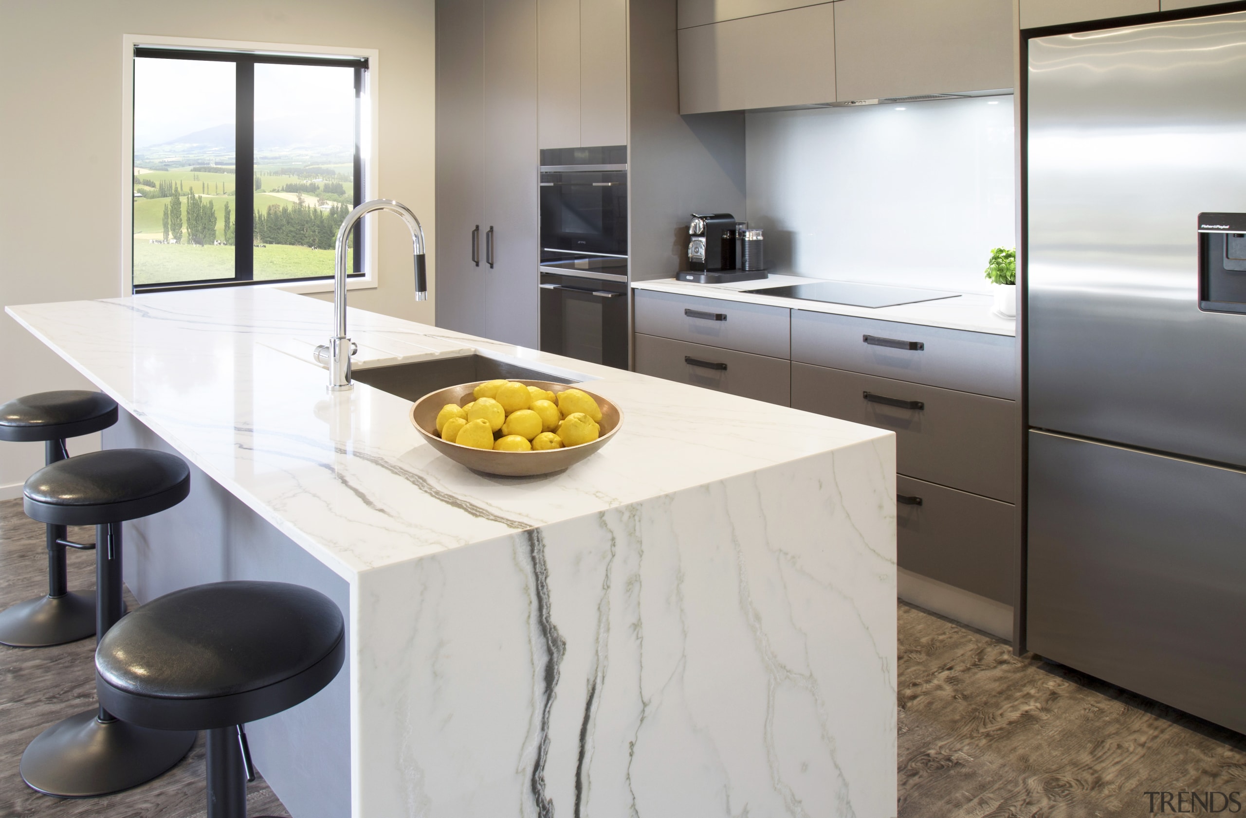 This eye-catching kitchen, by designer Kim Primrose, features countertop, floor, interior design, kitchen, gray