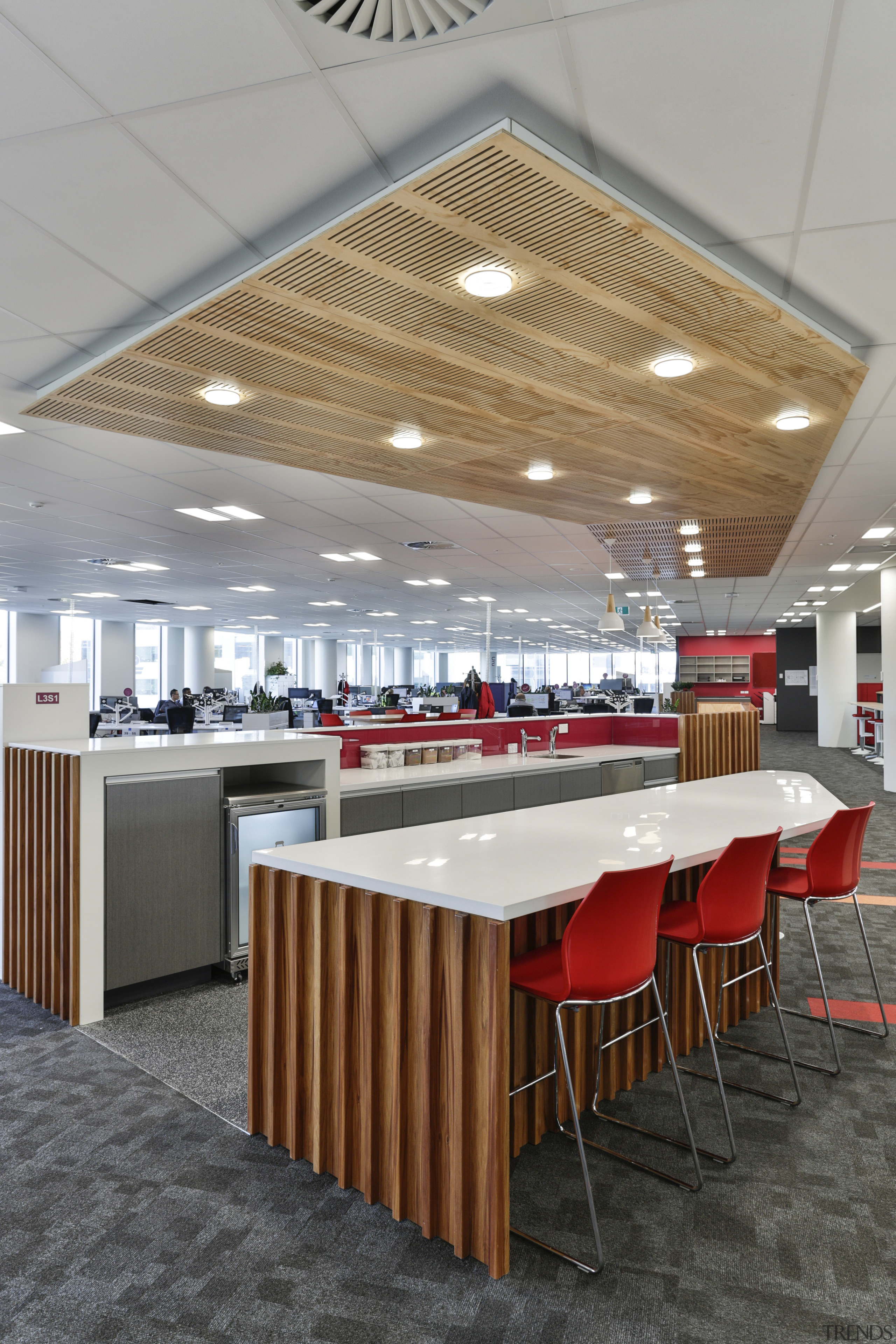 Gaze Commercial made prominent use of wood when architecture, cafeteria, ceiling, conference hall, daylighting, floor, flooring, furniture, interior design, product design, table, gray