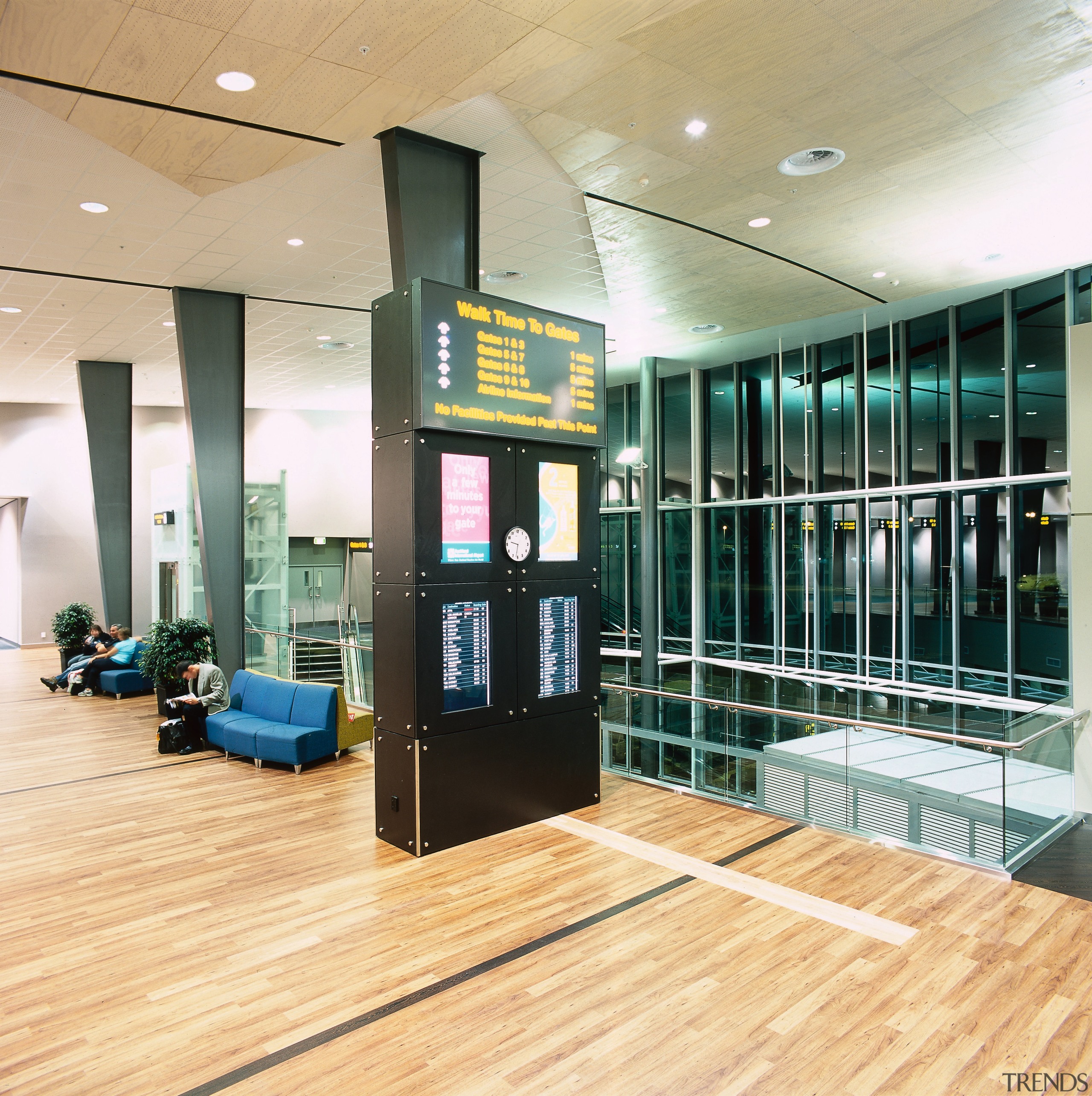 Airport terminal building with mezzanine floor and extensive floor, flooring, interior design, lobby, structure, orange