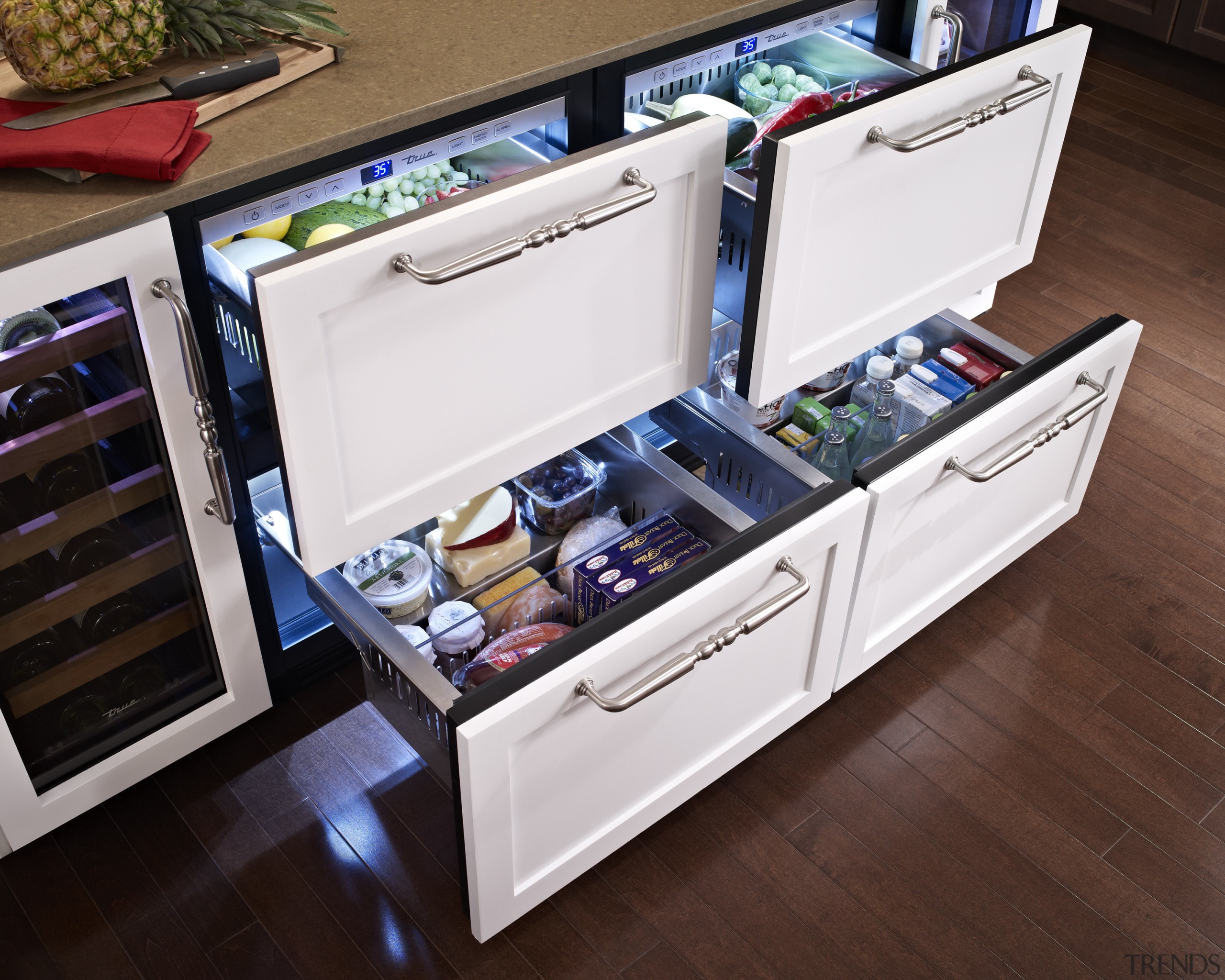 Refrigerator drawers can be positioned where needed and drawer, furniture, home appliance, product, white