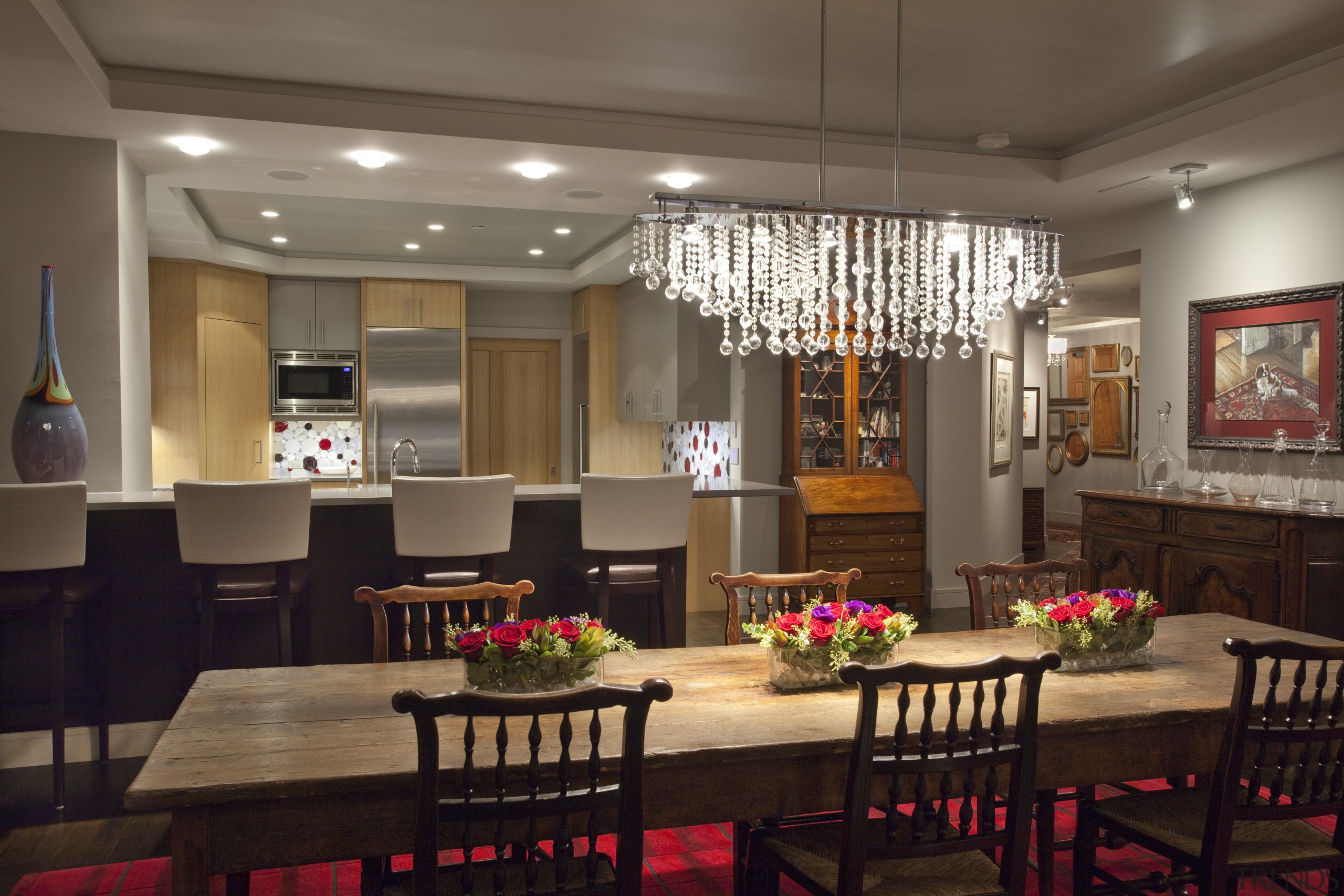 dining table and chandelier, bar seating and kitchen ceiling, dining room, interior design, room, table, brown