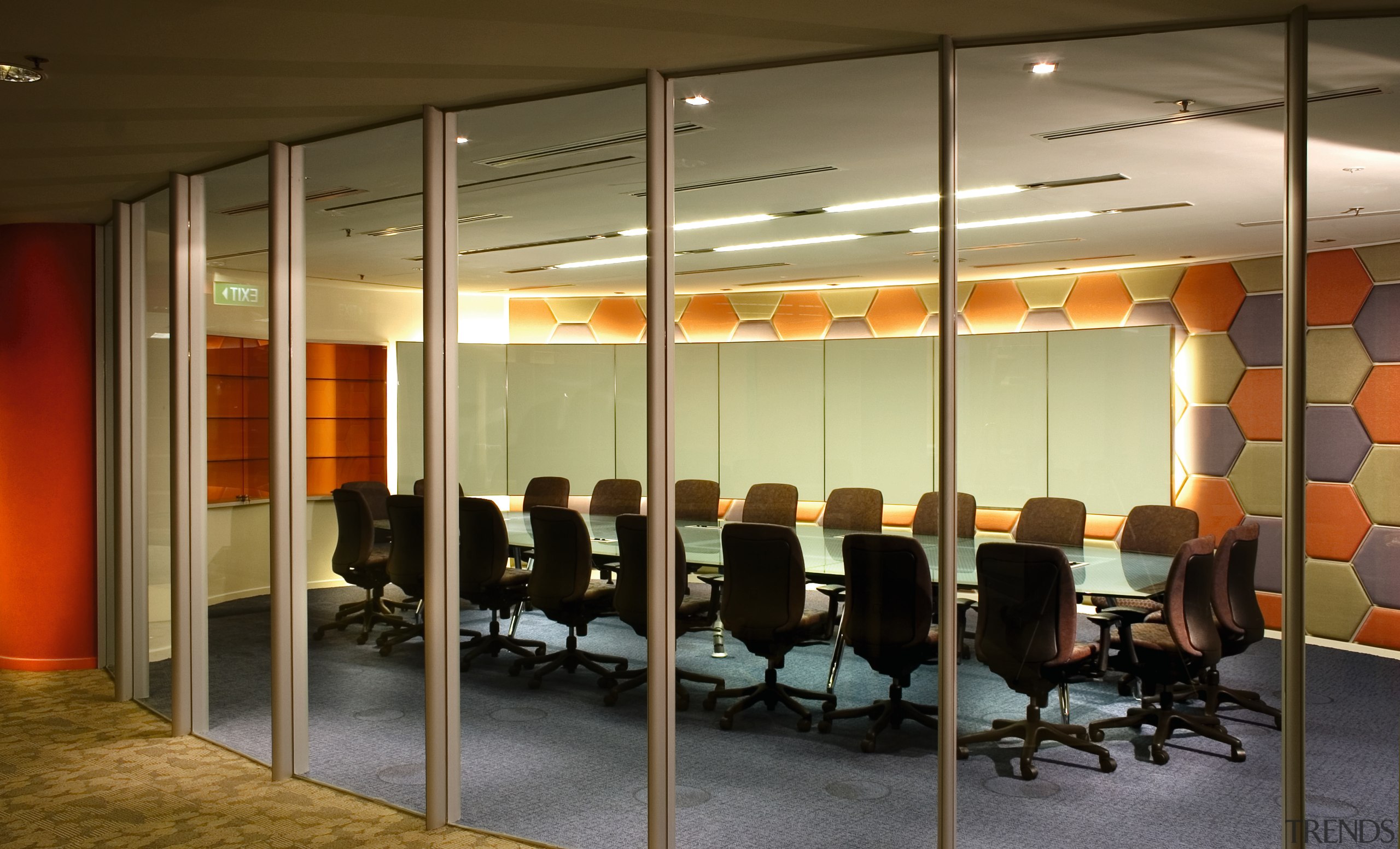 View of the entire meeting from through the ceiling, conference hall, furniture, glass, interior design, office, wall, brown