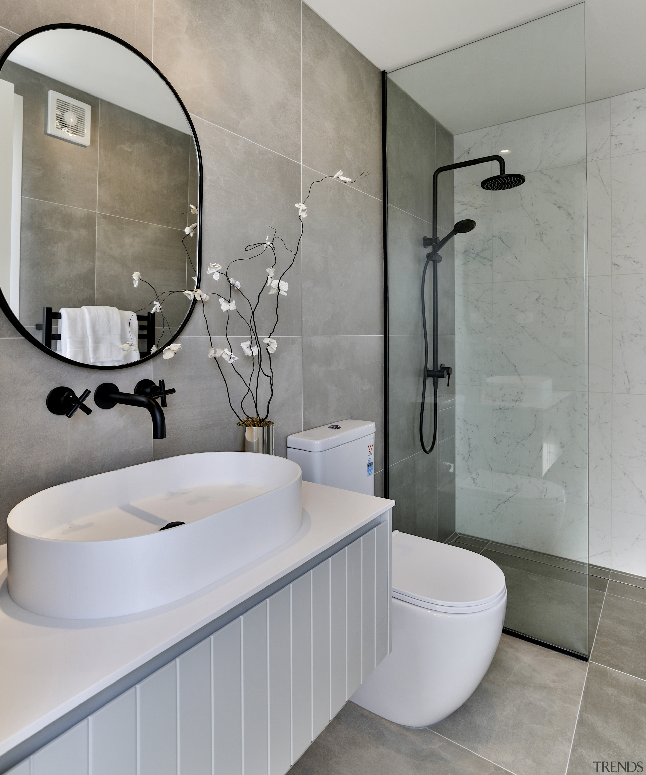 The minimalist palette in this bathroom was carefully 