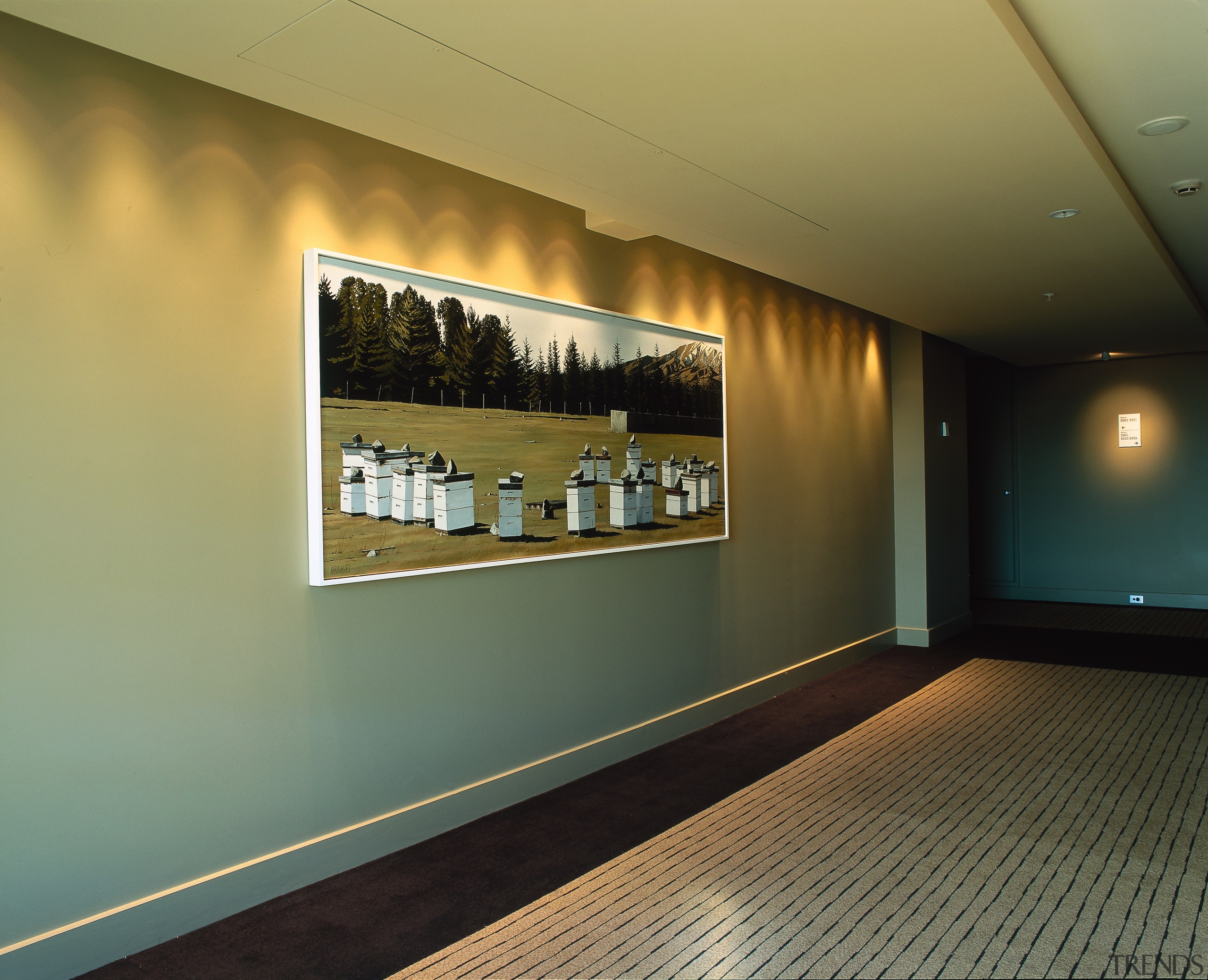 View of hotel corridor with neutral coloured walls, ceiling, interior design, wall, window, brown