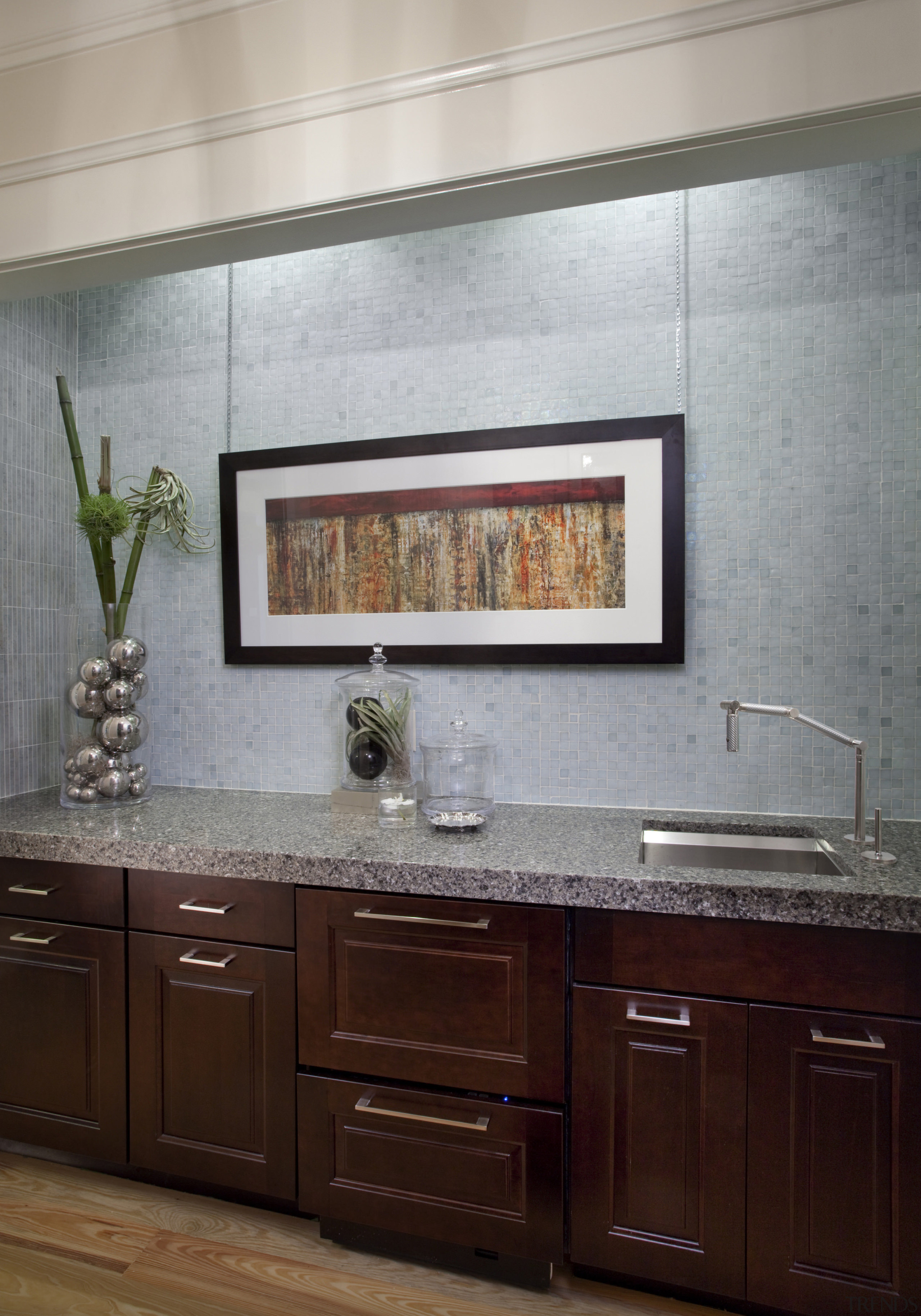 This kitchen was the overall winner of the bathroom, cabinetry, countertop, floor, flooring, home, interior design, kitchen, room, sink, tile, under cabinet lighting, wall, gray, red