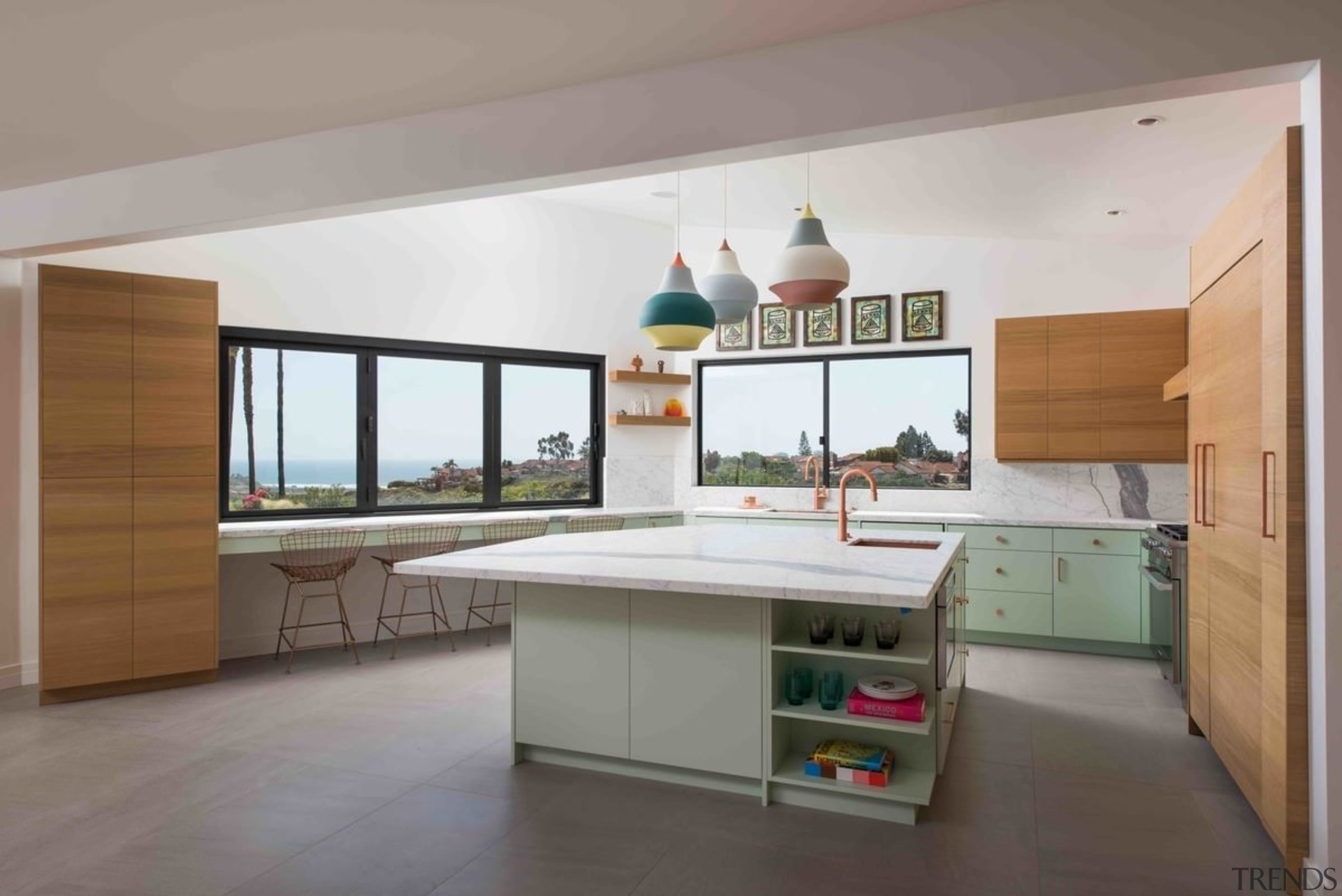 The open kitchen faces out to the sea, architecture, interior design, kitchen, real estate, gray