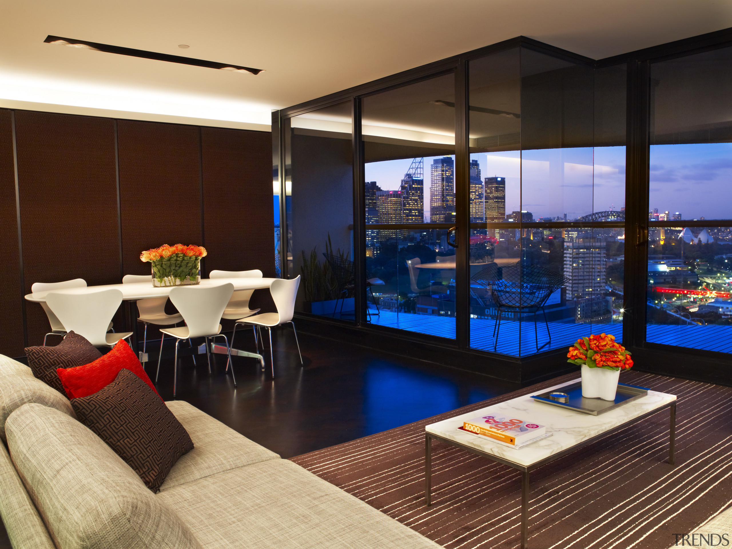 View of remodeled apartment on the 14th floor apartment, interior design, living room, real estate, black, orange