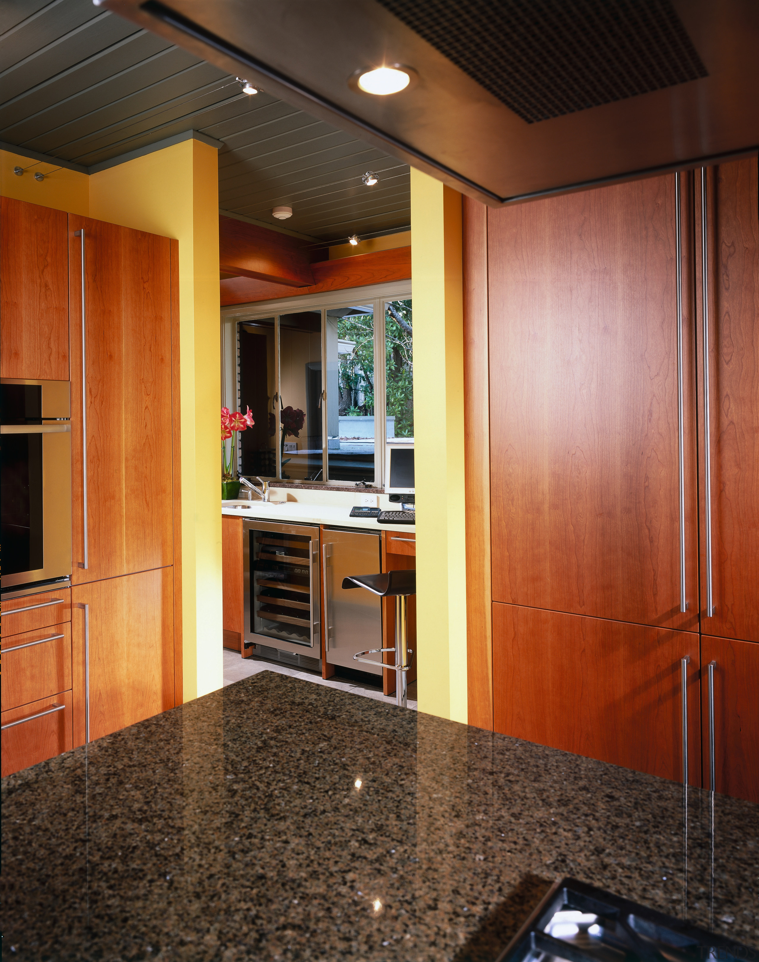 view of the new kitchen featuring cherry veneer cabinetry, ceiling, countertop, floor, flooring, hardwood, interior design, kitchen, real estate, room, wood, wood flooring, black, brown